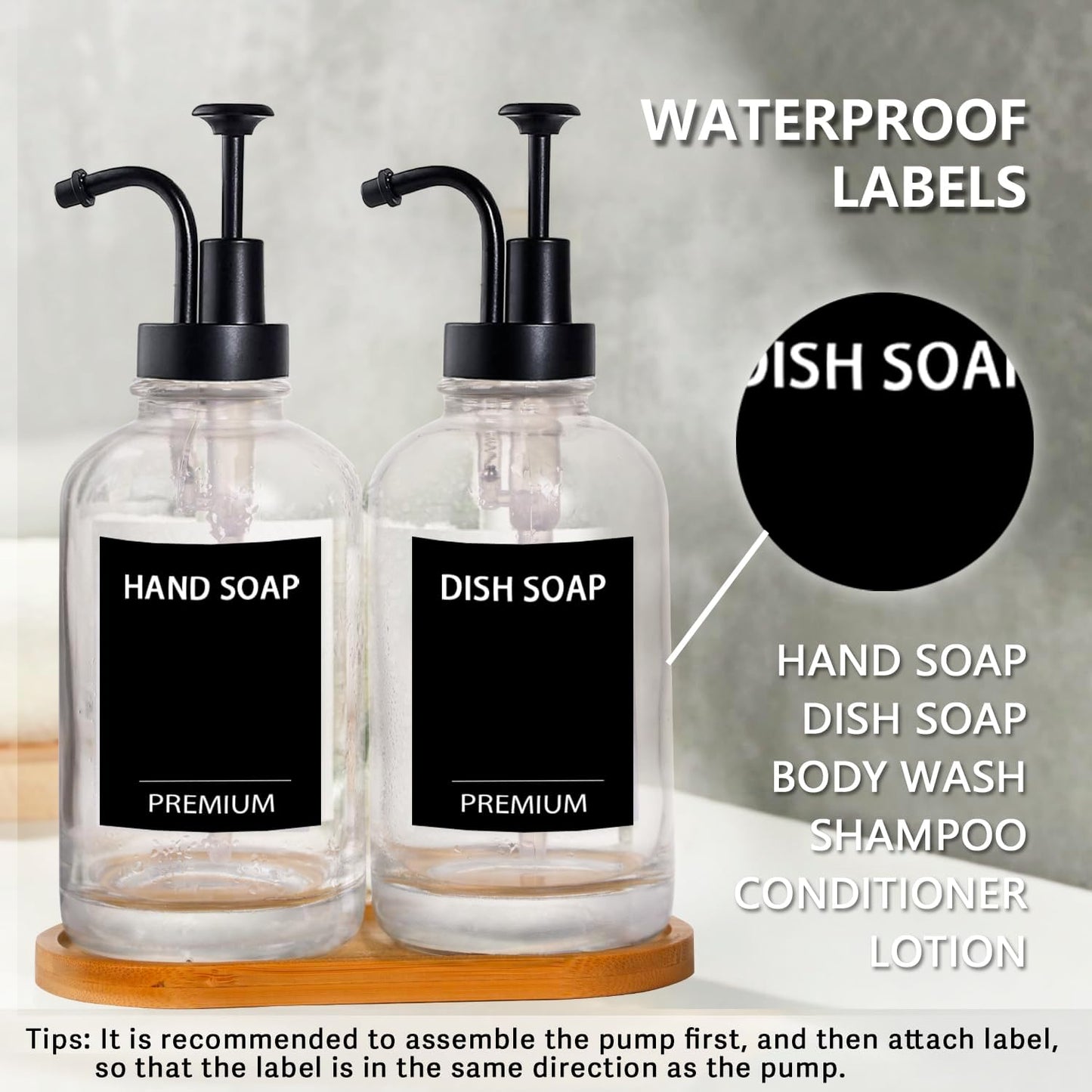 Dish Soap Dispenser for Kitchen, Hand Glass Soap Dispenser Set with Pump, Tray, Funnel for Bathroom, Shower, Laundry, Liquid, Lotion (Black 2 Pack 18 Oz Clear Bottles with 12 Stickers)