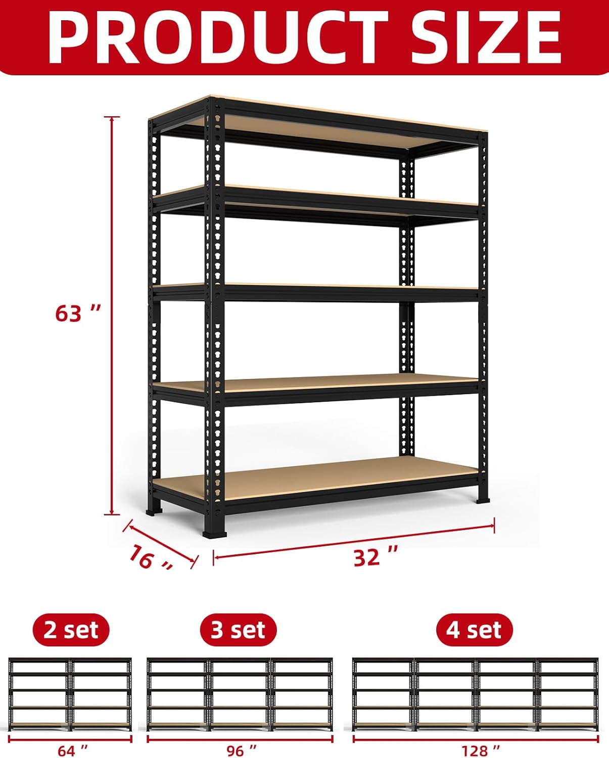 PrimeZone 32"W x 16"D x 63" H Storage Shelves - 4 Pack 5 Tier Adjustable Garage Storage Shelving, Heavy Duty Metal Storage Organizer Utility Rack Shelf Unit for Warehouse Pantry Closet Kitchen, Black
