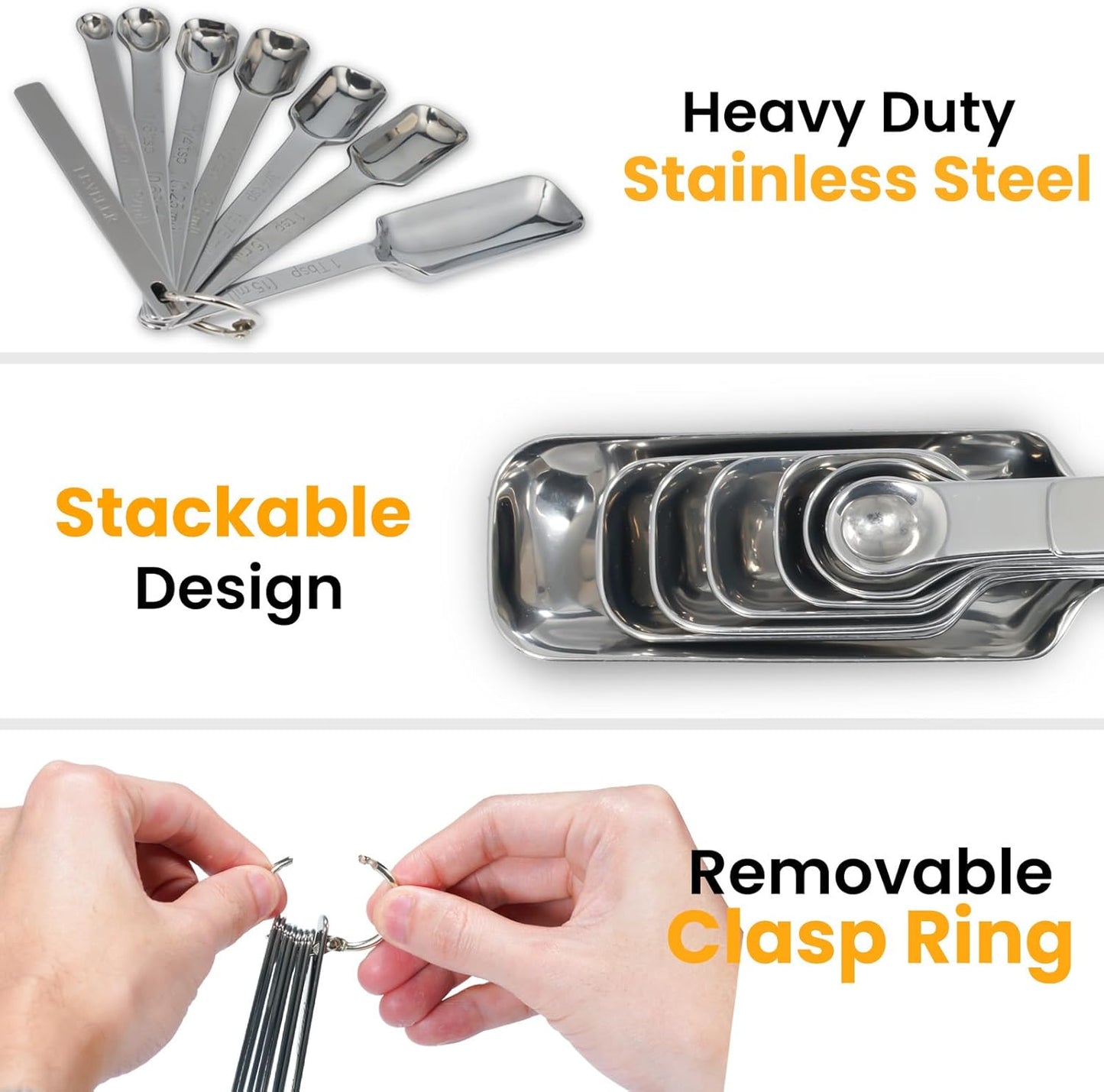 Stainless Steel Measuring Spoons Set of 8, Rectangular Metal Measuring Spoons with Leveler, Compact Spoons Design for Narrow Spice Jars, Teaspoon & Tablespoon Spoons for Dry & Liquid Ingredients