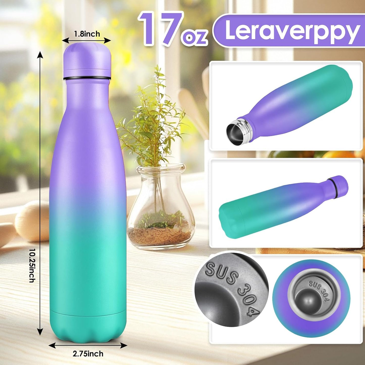 17oz Cola-Bottle Shaped Stainless Steel Leak-proof Water Bottle,Double Wall Vacuum Insulated Metal,Travel Mug For Sports Indoors & Outdoors,BPA-Free Kids Flasks,Purple Green(8Pack)