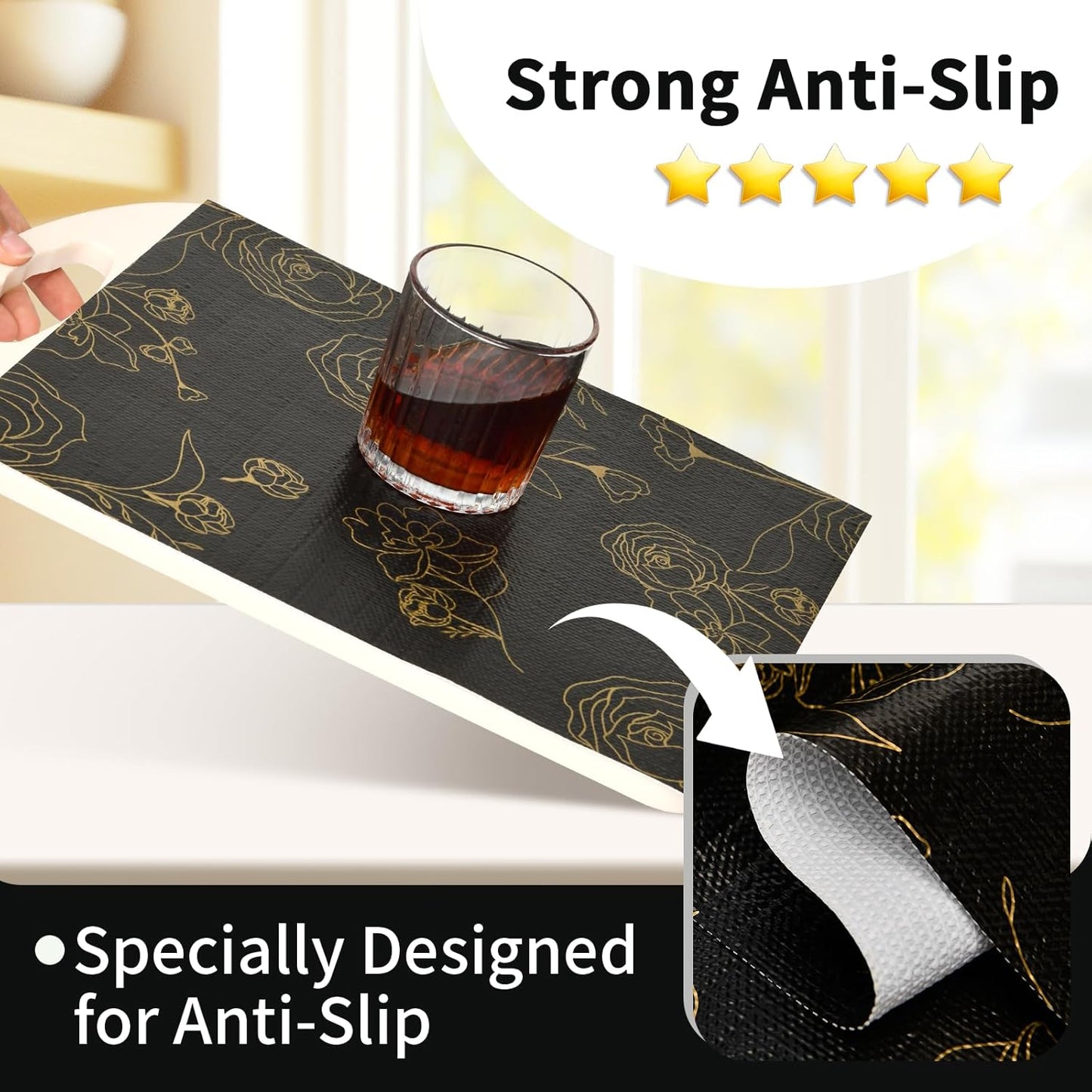 Shelf Liners for Kitchen Cabinets 12in x 20FT Non Adhesive Drawer Liner Black Floral Thickened Shelf Liner Paper Strong Non-Slip Easy to Clean for Tool Box Refrigerator with Knife and Tape Measure