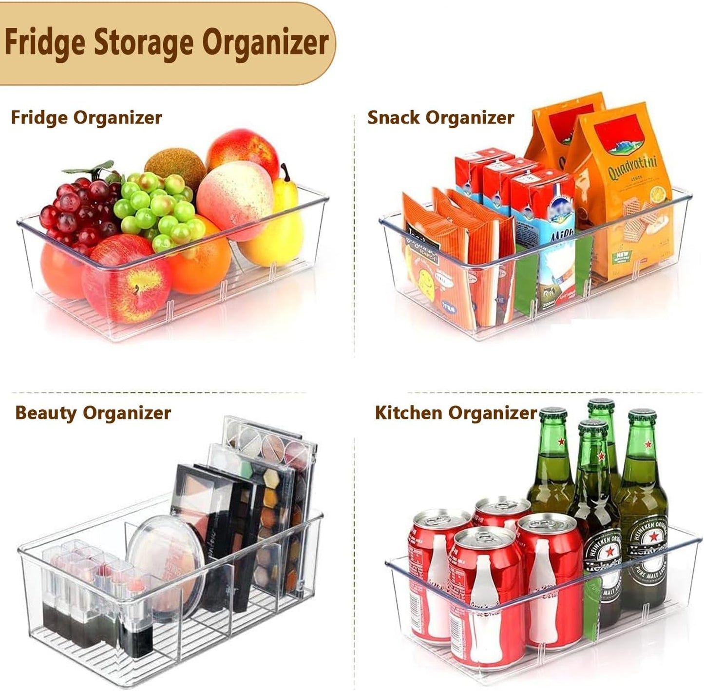 Pantry Organizers and Storage,Kitchen Organizers and Storage for Fridge,Drawer and Refrigerator - Spice Organization for Cabinet,Clear Plastic Stackable Storage Organizer Bins with 3 Dividers (3 Pcs)