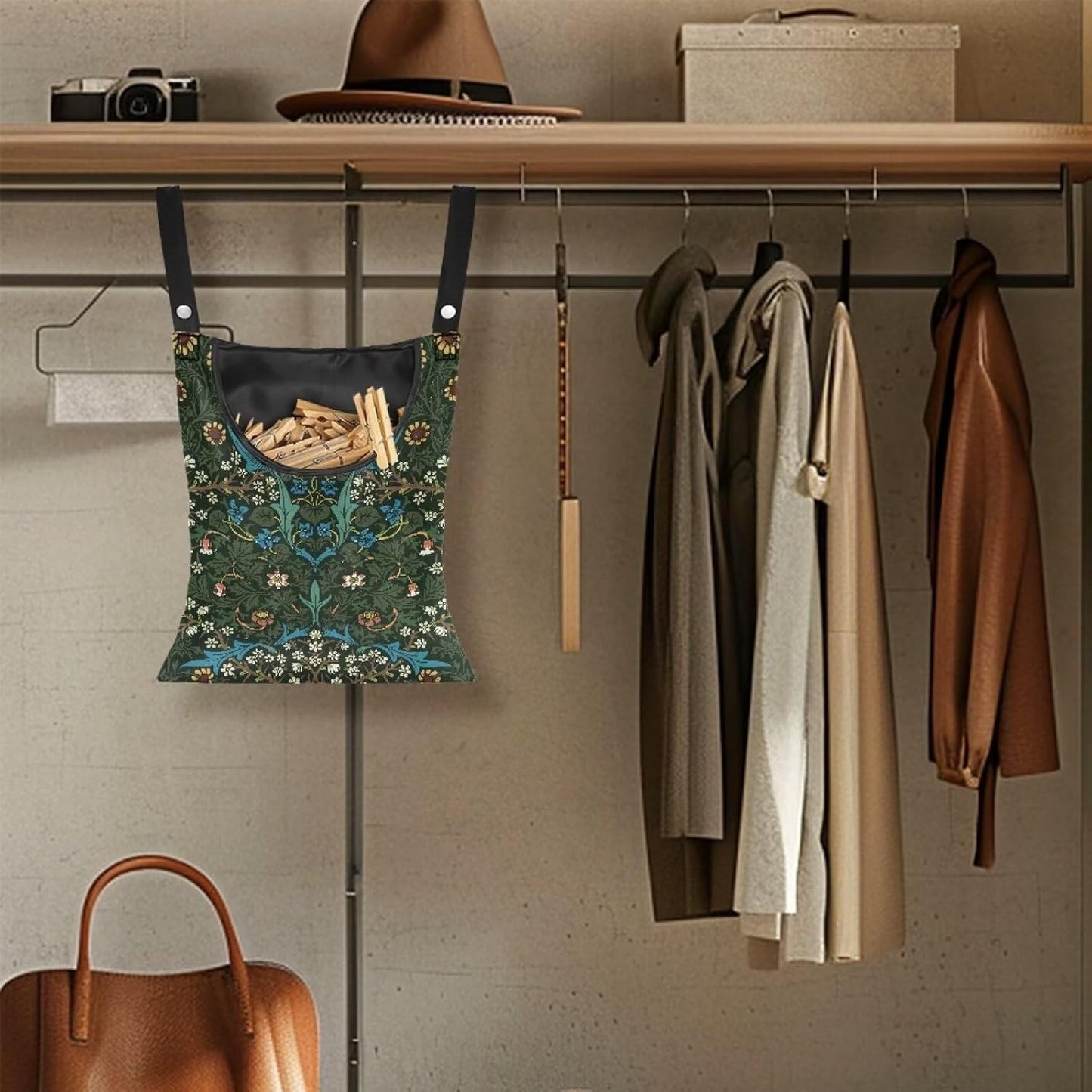 Vintage Scabious Leaf Print Reinforced Clothespin Holder Bag 14.5x12in - Large Capacity Storage with Easy Access Design - Weatherproof Hanging Organizer for Backyard Clotheslines