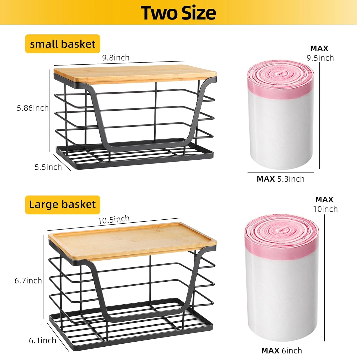 ALOCEO 2 Pack Storage Stackable Kitchen Laundry Organizers with Bamboo Top, Large Trash Bag Holder and Small Garbage Bag Dispenser for Countertop Organization