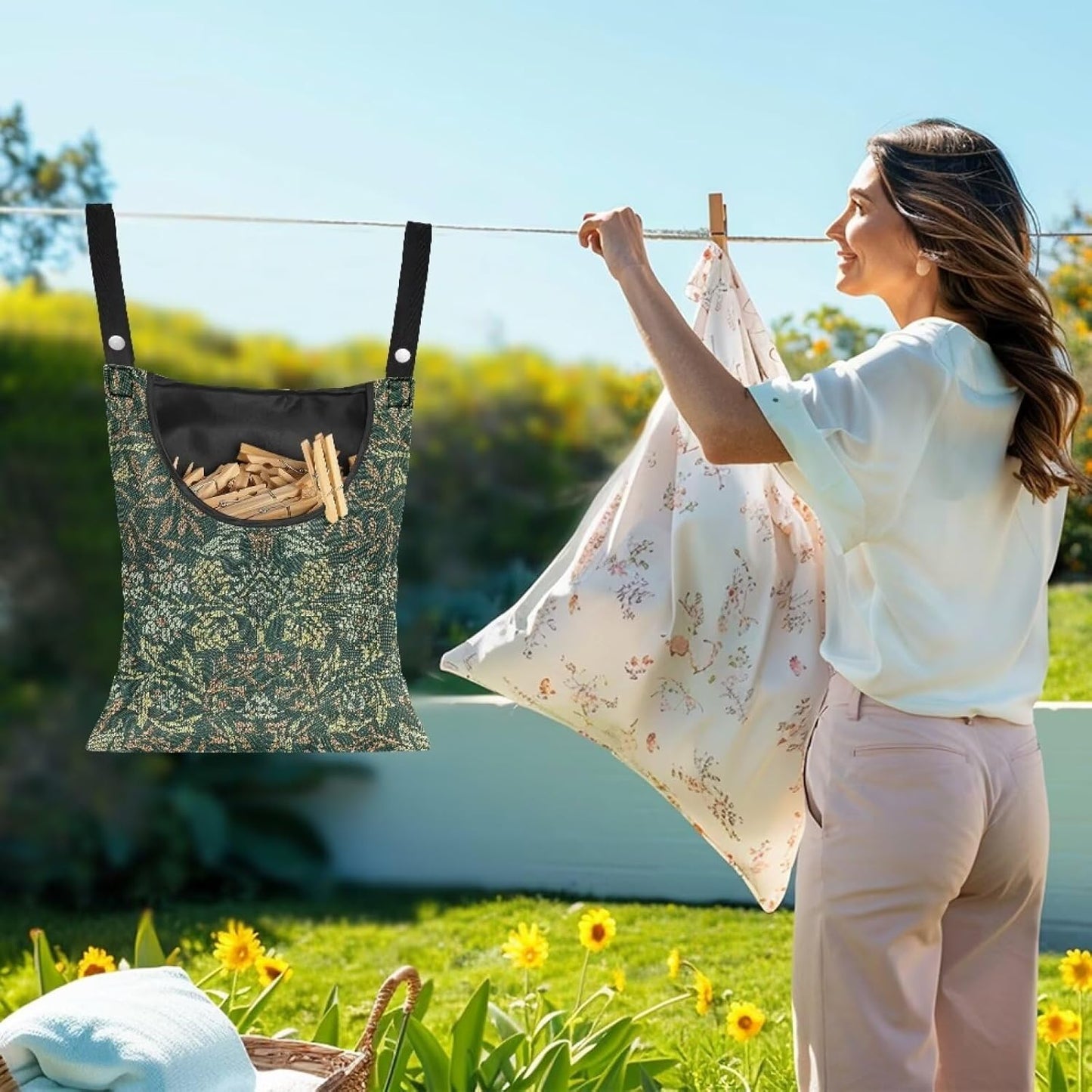 Jumbo Clothespin Organizer Bag 14.5x12 Inches - Extra Wide Access Opening - Industrial Strength Hanging Storage for Home & Commercial Laundry Use William Morris Flower Print
