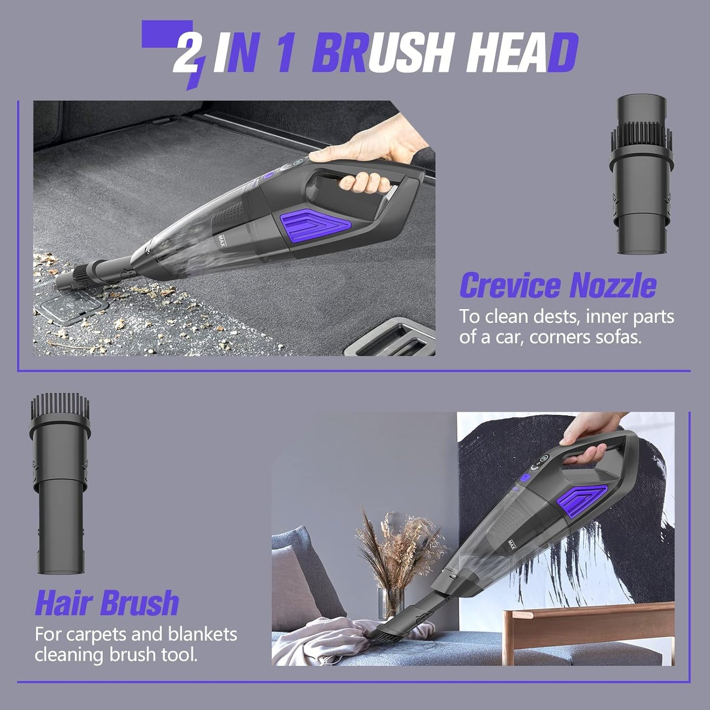 Handheld Vacuum Cordless Cleaner,Powerful Portable and Dust Buster Hand Vcauum Rechargeable with Large-Capacity Battery for CarPetOfficeHome (Dark Purple)