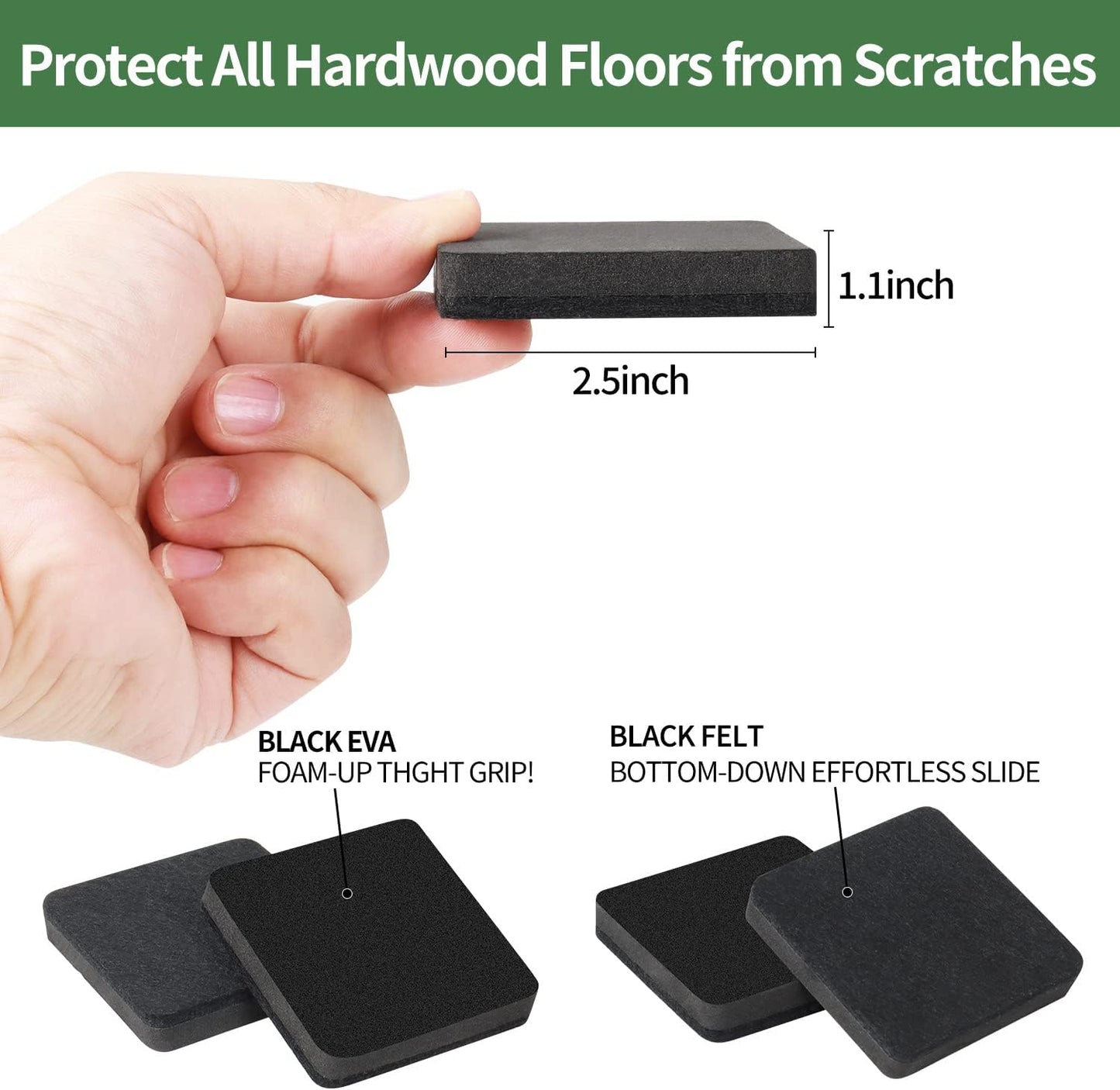 Ezprotekt 2.5" Felt Furniture Movers Sliders for Hardwood Floors, 24 Pcs Reusable Square Felt Furniture Moving Pads for Sofa Table Bed Desk Couch Cabinet, Furniture Glides Easily and Quickly (Black)
