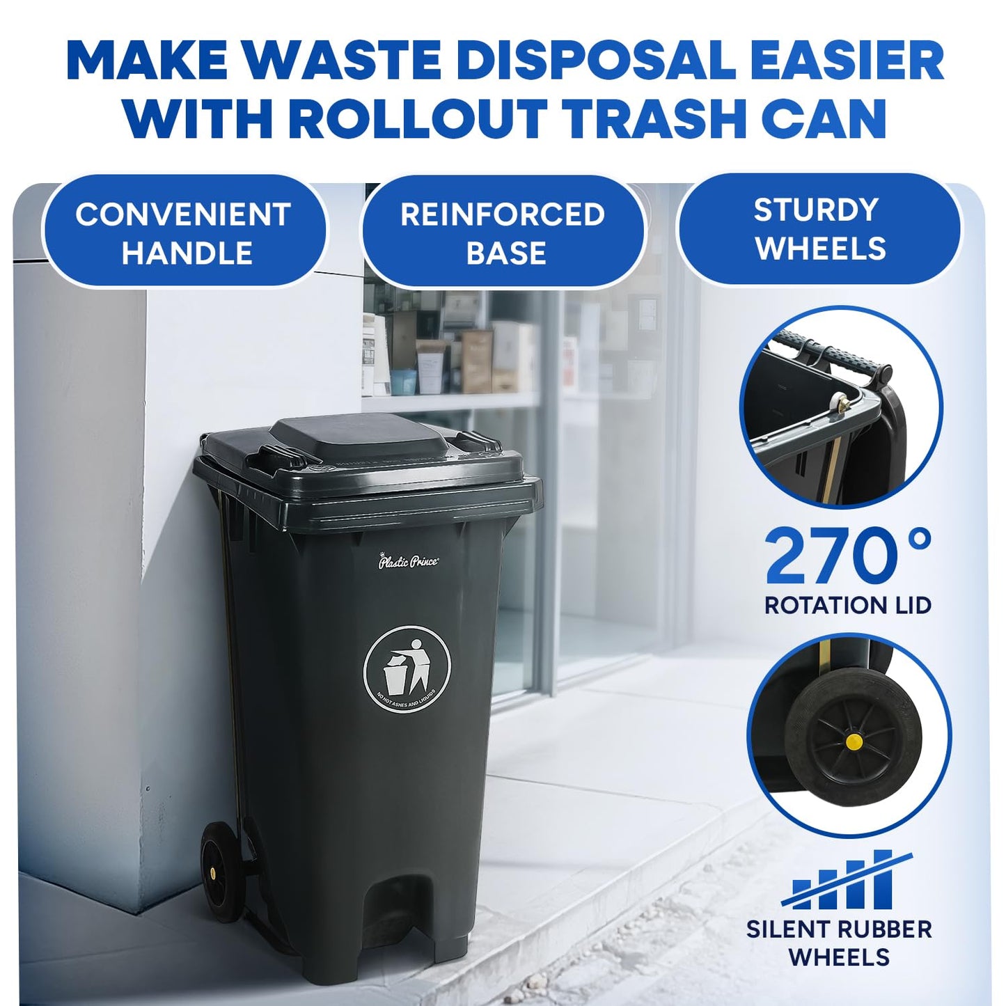 32 Gallon Step-On Large Outdoor Trash Can with Lid and Wheels - Outside Plastic Rolling Garbage Can - Rollout Commercial Heavy-Duty Container Barrel, Gray