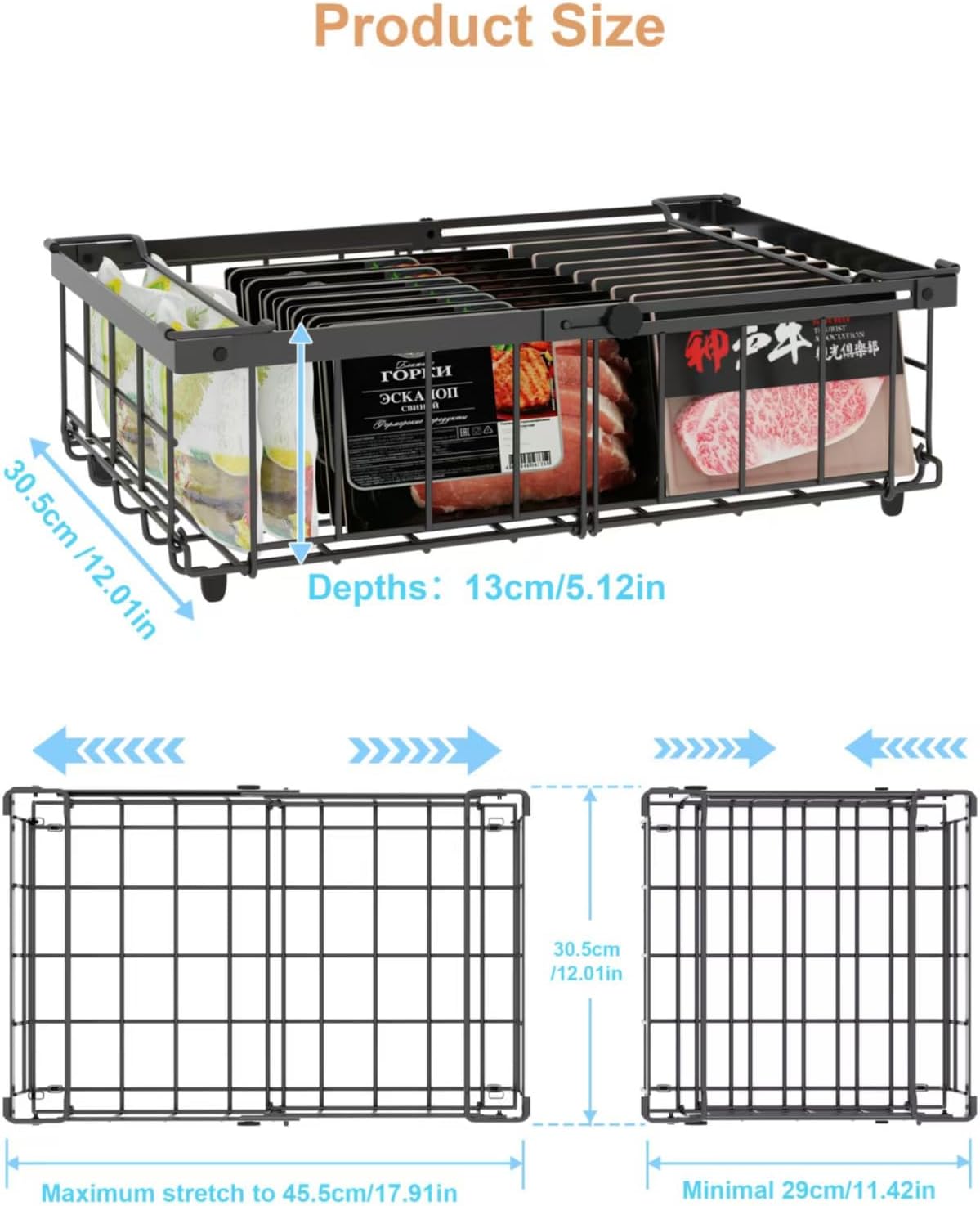 UMDONX 4 Pack Expandable Freezer Organizer Bins Large Freezer organizer Bins Stackable 11.4" Expand to 17.9", Fit 10 to 20 Cu.FT Black