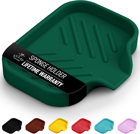 Zulay Kitchen Small Silicone Sponge Holder (4.9x3.3”) – Space-Saving Sink Organizer Tray for Sponge, Soap, Brush & More – Compact Non-Slip Dish for Kitchen & Bathroom Countertops (Pine Green)