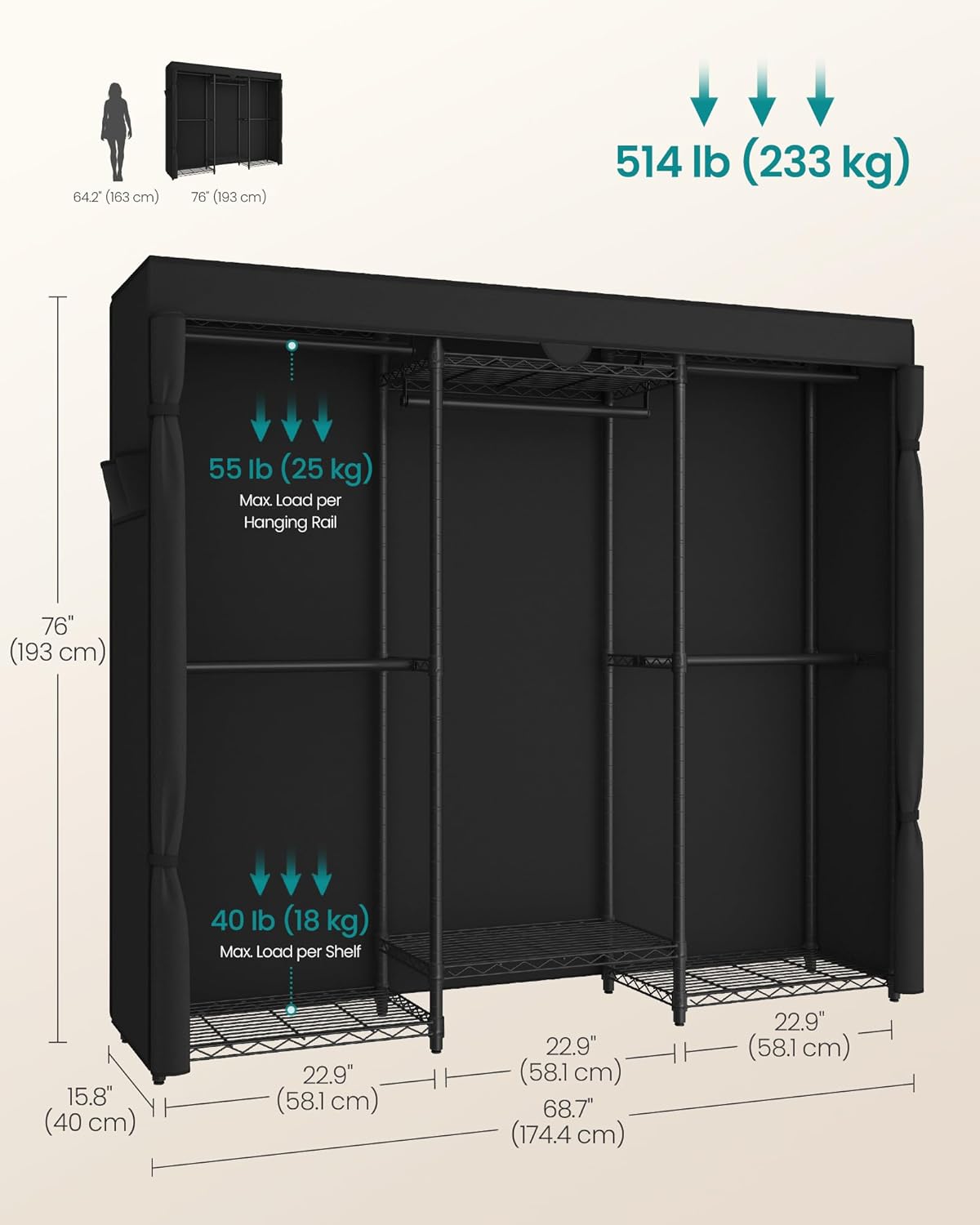 SONGMICS Heavy-Duty Clothes Rack, Garment Rack, Portable Closet, 68.7-Inch Wide Clothing Rack with Adjustable Mesh Shelves and Hanging Rails, Ink Black ULGR435B01