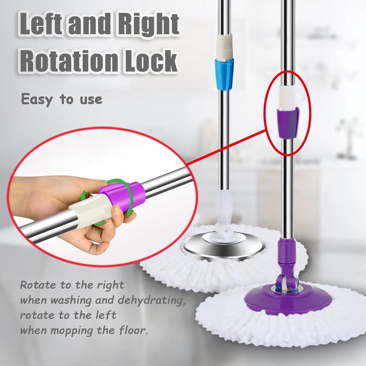Extended Spin Mop Replacement Mop Handle, Upgraded 60-inch 360 Degrees Rotating Telescopic Replacement Mop Stick for Spin Mop Bucket Cleaning System Floor Cleaning (Plastic Disc, Blue)