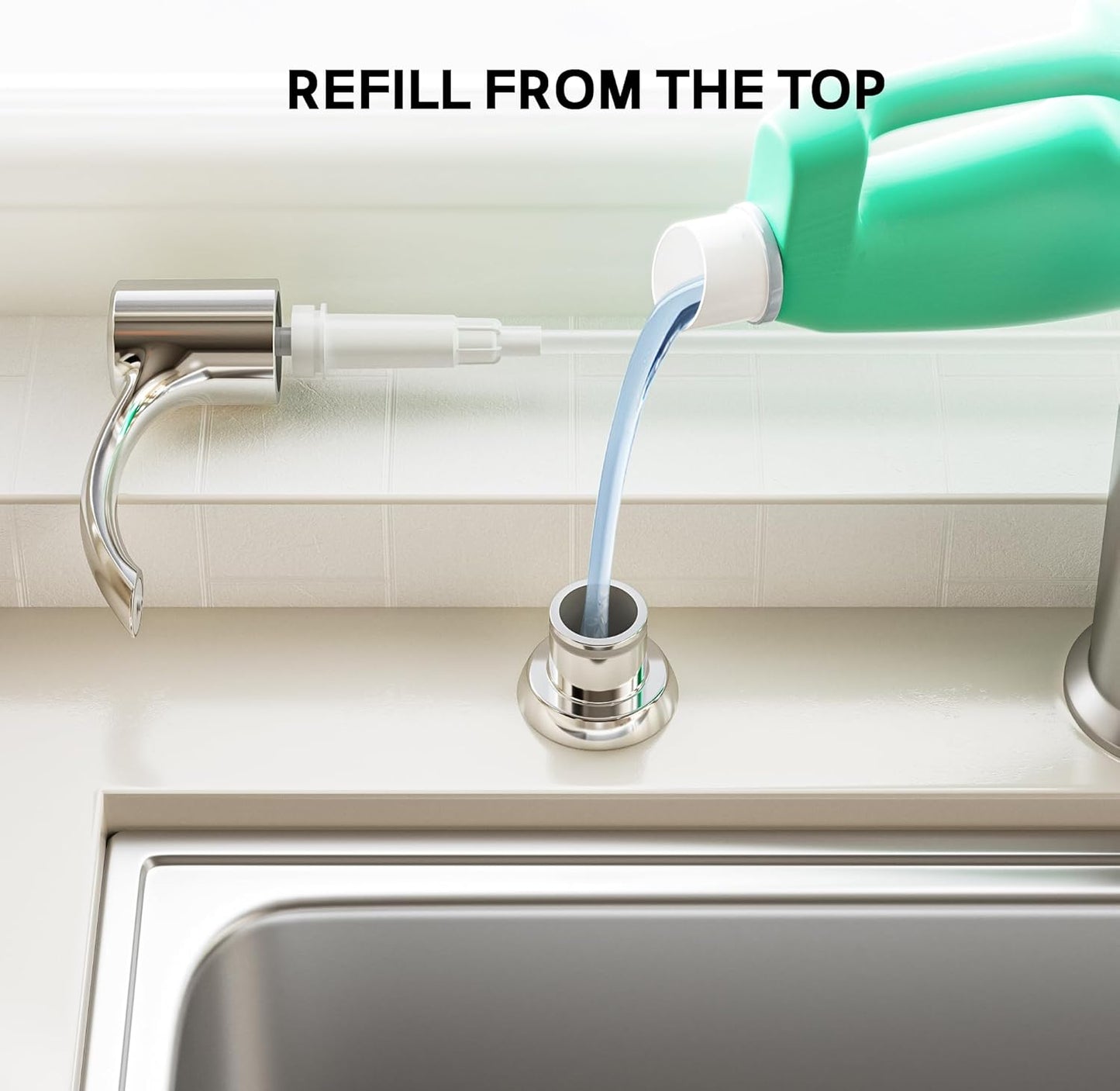 SAMODRA Built in Kitchen Sink Soap Dispenser (Chrome) with 12 oz Large PET Lotion Bottle, Refill from Top