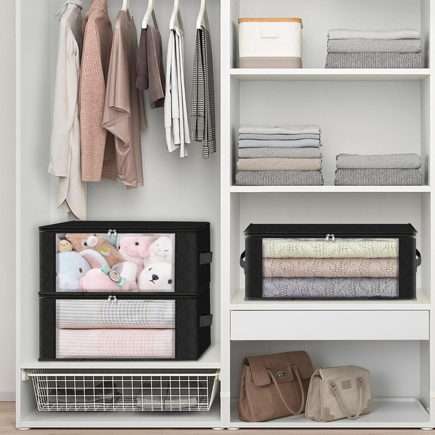 HomeHacks Storage 3-Pack Clothes Organizer Storage Bags Foldable Storage Box with Large Clear Window Sturdy Handles for Closet, Dorm, Pillows, Bedding, Clothes, Blankets, 35L, Black