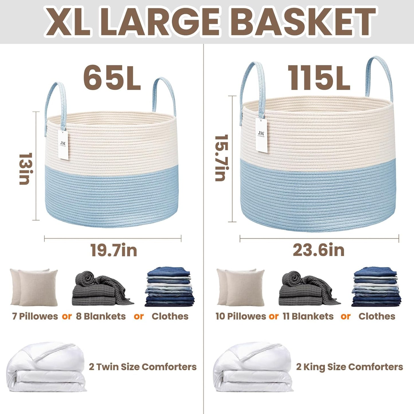 Woven Blanket Basket,65L Large Rope Storage Bin with Handles, Organizer for Blankets Toys Book and Clothes, Laundry Basket for Living Room Bedroom Nursery,White&Blue