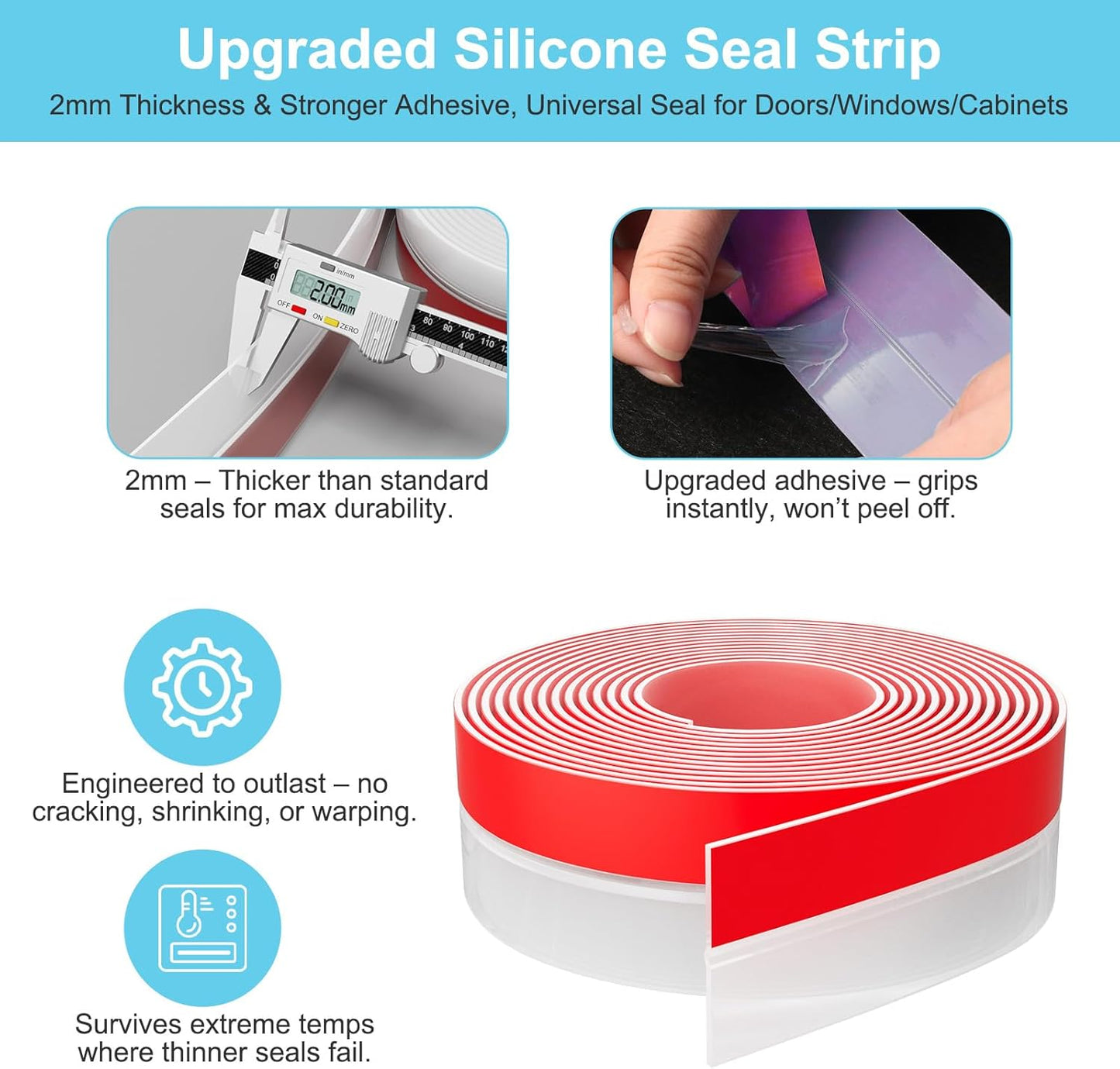 Heavy-Duty 20 ft x 3 in Weather Stripping, Extra Thick 2mm Door Draft Stopper Silicone Seal Strip for House and Glass Shower Doors for Collision and Side Gaps of Door and Windows, Clear