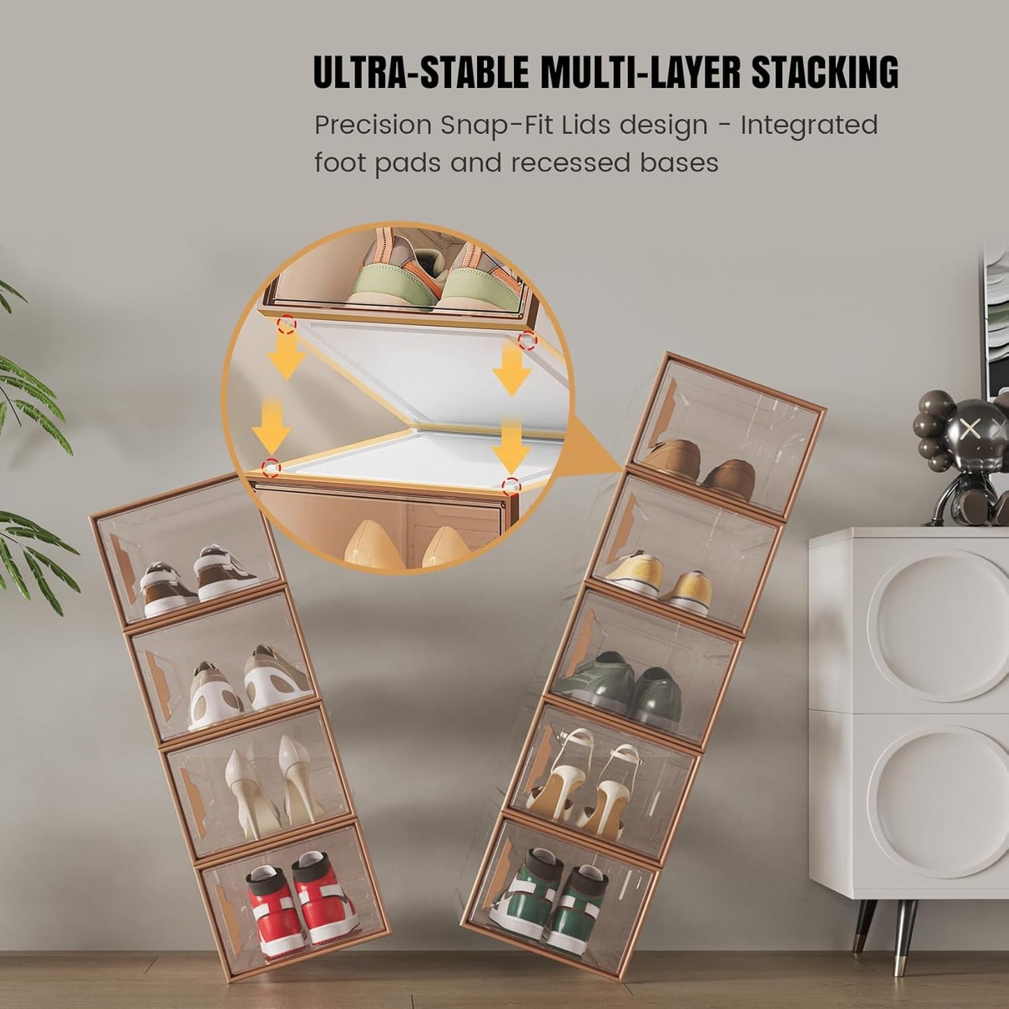 X-Large Stackable Shoe Boxes - Clear Plastic Shoe Storage Boxes with Magnetic Door, Thicken Shoe Organizer for Closet, Space Saving Foldable Shoe Containers Bins for Sneaker Boot - 6 Pack(Brown)