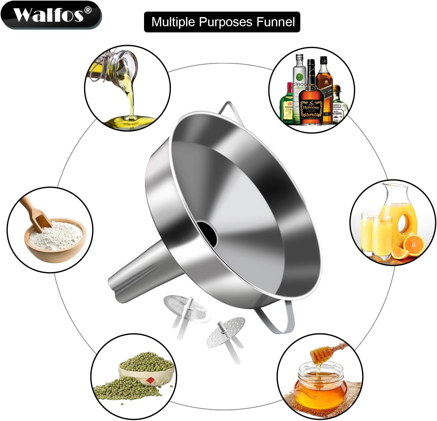 Walfos Extra Large Stainless Steel Funnel with Venting Slot, Kitchen Funnel with 2 Removable Strainer ＆ 1Pc Cleaning Brush, Perfect for Transferring Liquid, Oils, Jam, Dry Ingredients (Jumbo, 7.9")