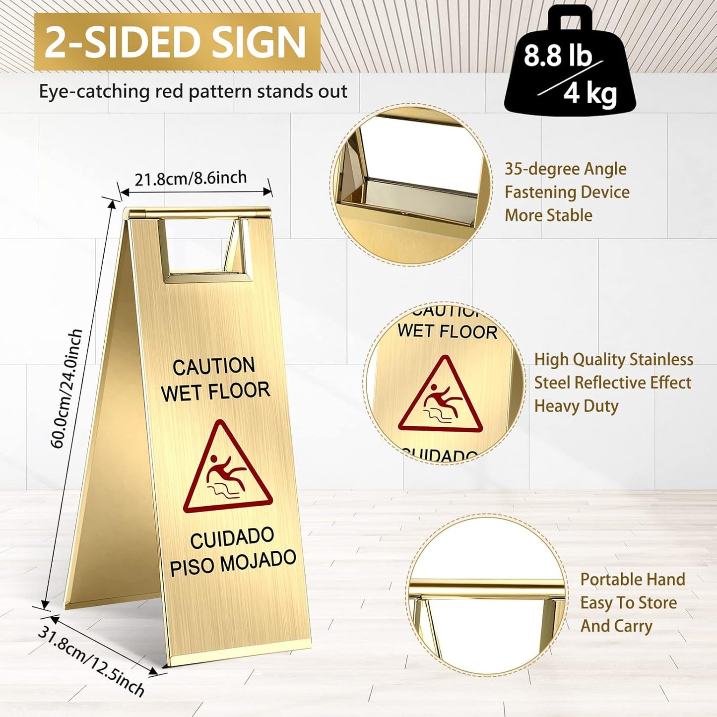 Kigley 2 Pcs Wet Floor Sign, 24 Inch Stainless Steel Caution Wet Floor Sign Double Sided Portable Foldable Bilingual Safety Warning for Hotel Market Restroom Restaurant Office (Gold)