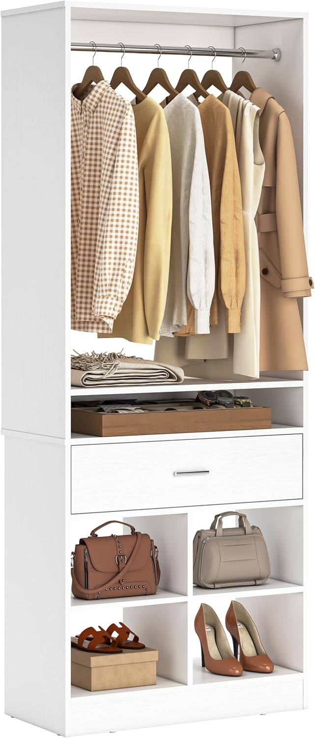 Unikito Freestanding Closet System with Wood Drawer and 4 Cubby Storage, Closet Organizer with Hanging Rods & Shelves, 25‘’W X 80'' H Clothes Garment Rack, Walk in Closet Tower Wardrobe, White