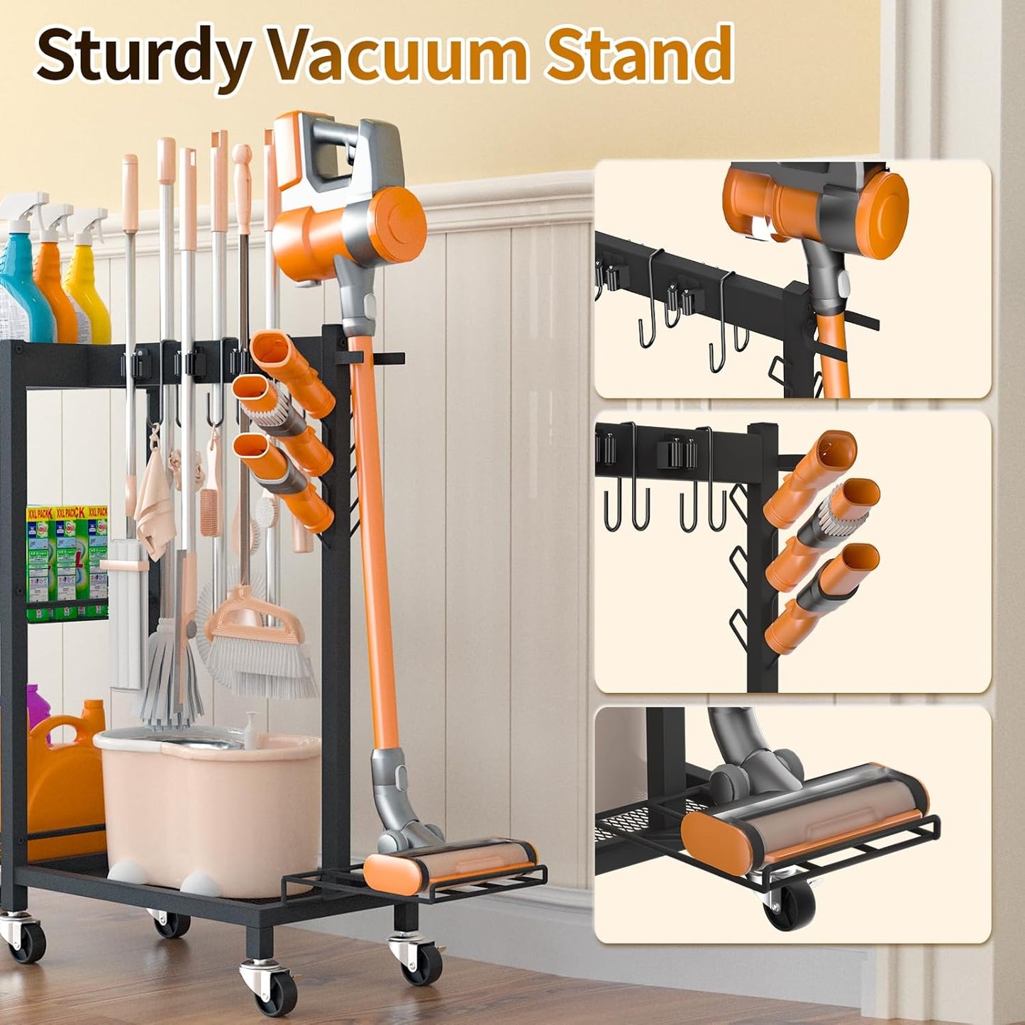 Cleaning Supplies Organizer with Broom Holder Load 350 LBS Cleaning Cart with Wheels Broom Closet Storage with 3-Tier Shelves, 6 Mop Hanger Grippers, 3 Double-Hooks, Vacuum Stand for Laundry Garage