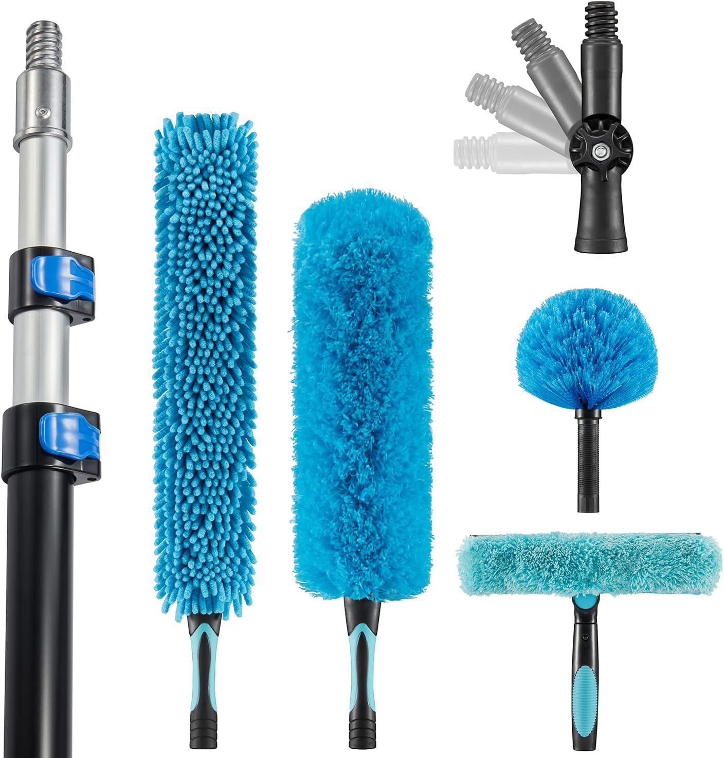 High Ceiling Fan Duster with 5-8 Foot Extension Pole, Extendable Reusable Cobweb, Feather, Window Cleaning Squeegee Kit