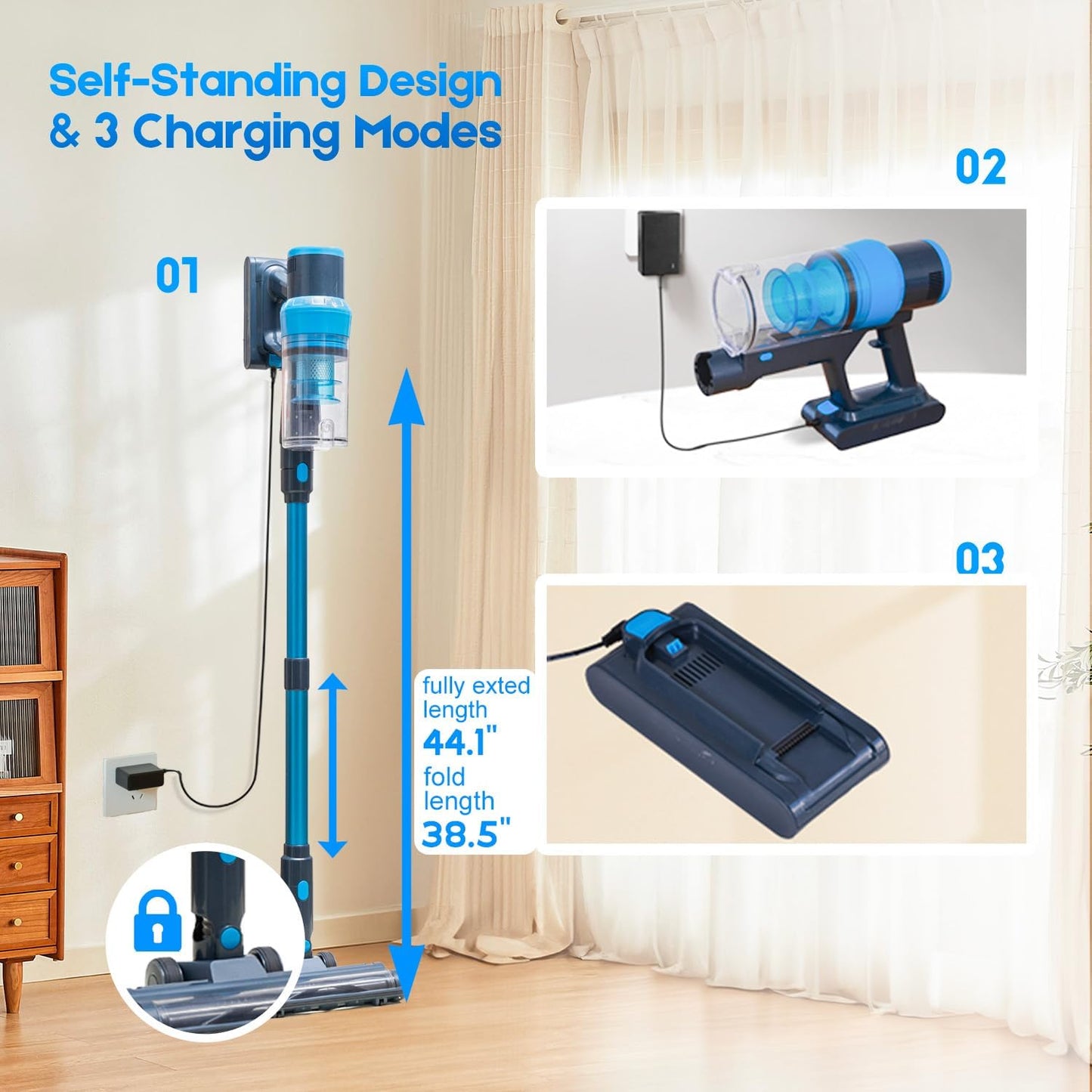 Cordless Vacuum Cleaner, 250W/38kPa/65Mins-8-in-1 Stick Vacuum Cleaners for Home Rechargeable for Pet Hair/Rugs/Hard Floors| 1.2L Dustbin, Anti-Tangle | Self-Standing, Ideal for Car, Apartment