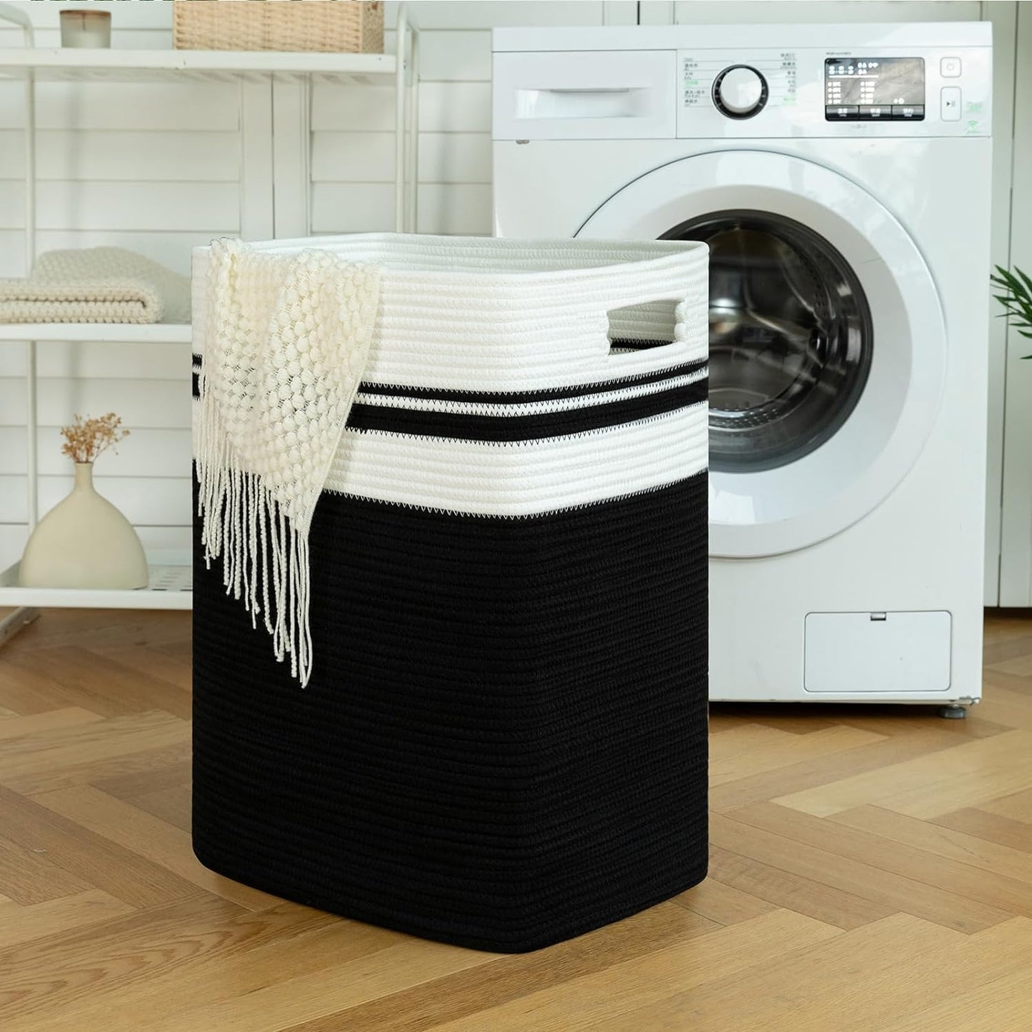 OIAHOMY 91L Laundry Hamper, XXXLarge Laundry Basket, Collapsible Cotton Rope Basket,Woven Storage Basket for Blankets,Clothes,Pillows-16x15x24-Black&white