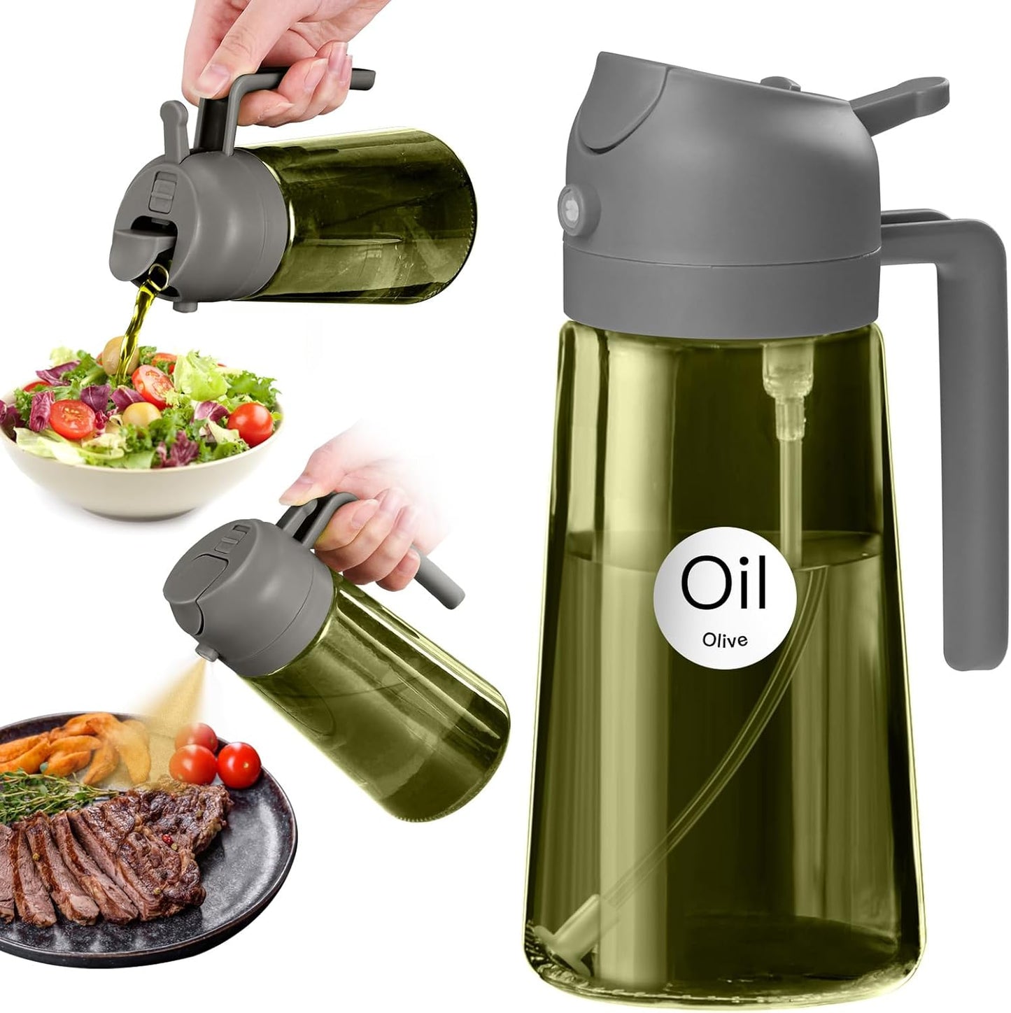 YARRAMATE 16oz/470ml Dark Green Oil Sprayer for Cooking with Stickers, Food-grade Premium 2 in 1 Olive Oil Dispenser Bottle for Kitchen Gadgets, Air Fryer, Salad, Frying, BBQ (Grey)