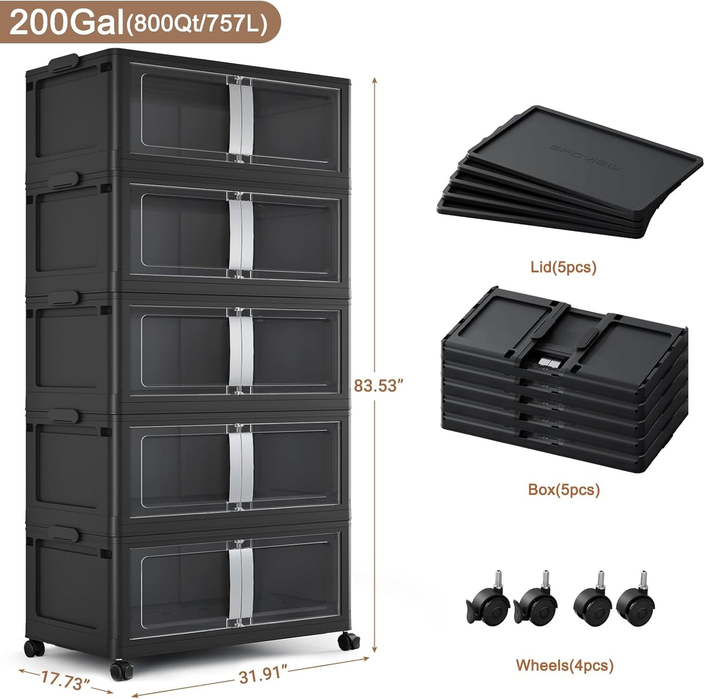 BROVIEW 800QT Stackable Storage Bins with Lids, 200Gal Extra Large Collapsible Storage Box with Wheel, Plastic Storages with Clear Door Open Front for Home Kitchen Garage, Black-5pack(5 lids)