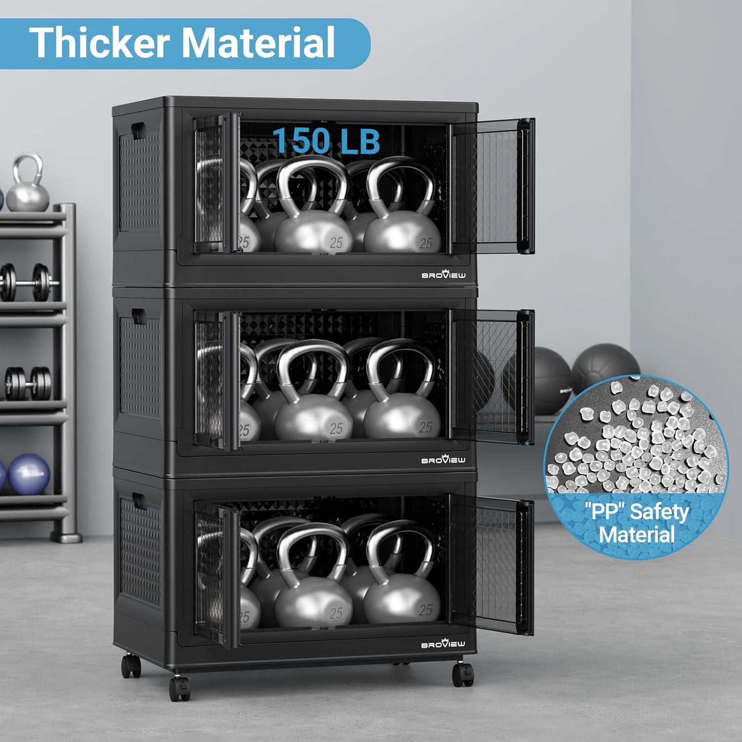 BROVIEW 160Gal Stackable Storage Bins with Lids & Wheels, 640Qt Plastic Collapsible Closet Organizer and Storage Drawers, Storage Boxes Cabinets for Home, Office, 8 Pack, Black