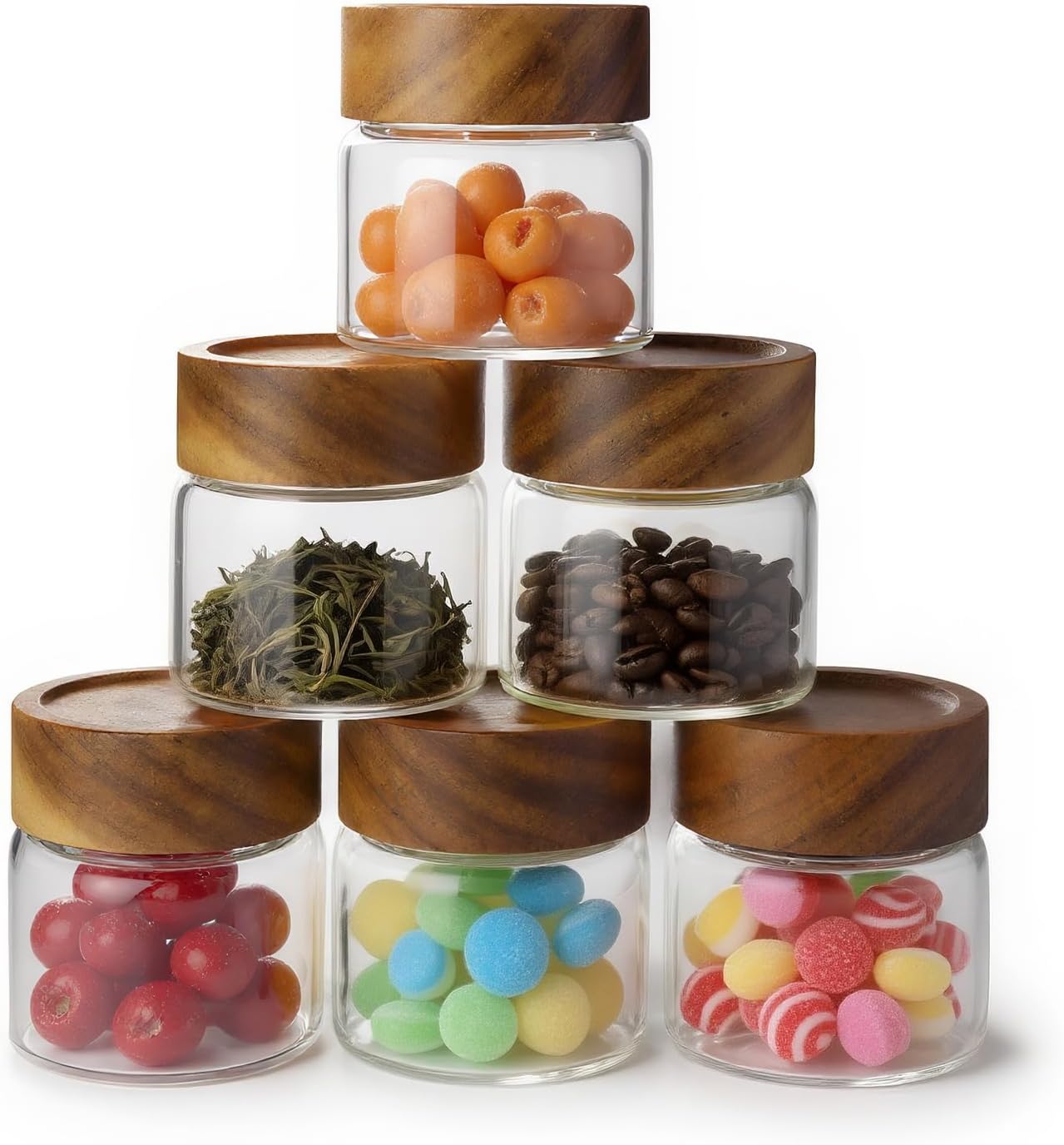 6-Pack 6 oz Airtight Food Sealed Jars with Acacia Wood Lids - Glass Meal Prep Containers for Overnight Oats, Snack Storage, Chia Pudding, Pantry Organization Essentials