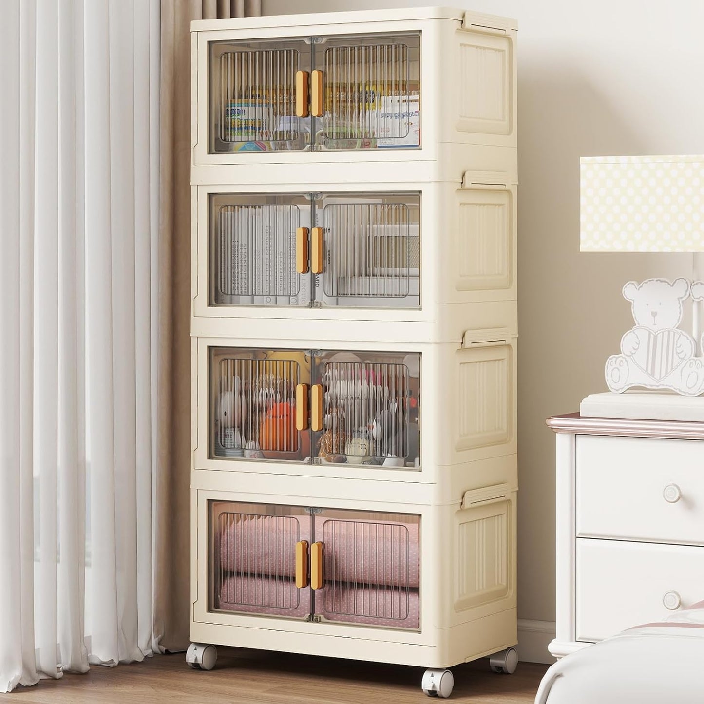 4 Tier Stackable Plastic Storage Bins with Lids 48QT, Collapsible Closet Organizers and Storage with Wheels for Living Room,Office,Dorm