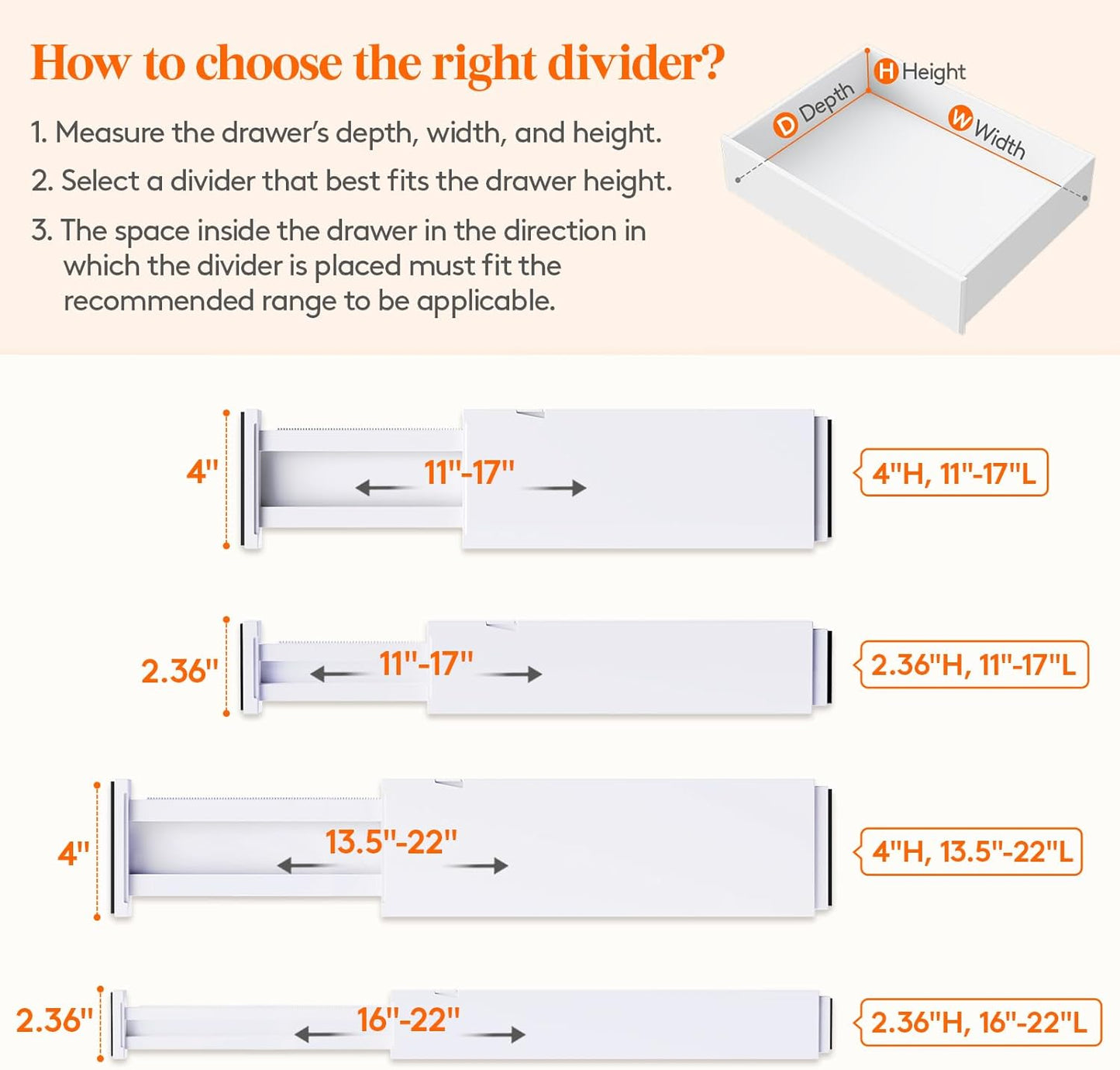 Lifewit 4 Pack Drawer Divider 4" High,11-17" Drawer Dividers for Clothes, Adjustable Clothing Drawer Organizers, Expandable White Dresser Drawer Separators for Bedroom, Bathroom, Vanity, Office