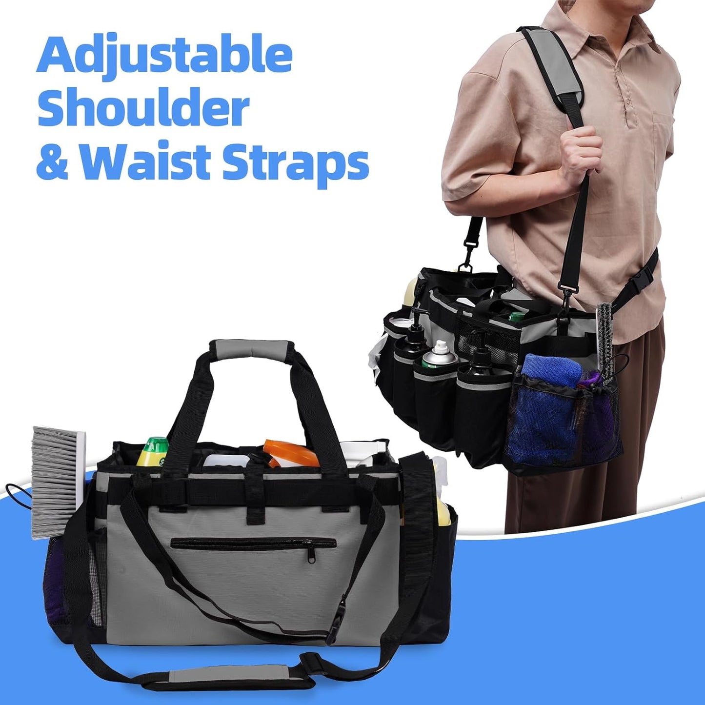 Large Cleaning Supplies Bags for Housekeepers, Professional Wearable Cleaning Supply Caddy for House Cleaners Detail Car Cleaning Supplies Organizer Tote with Handle, Grey