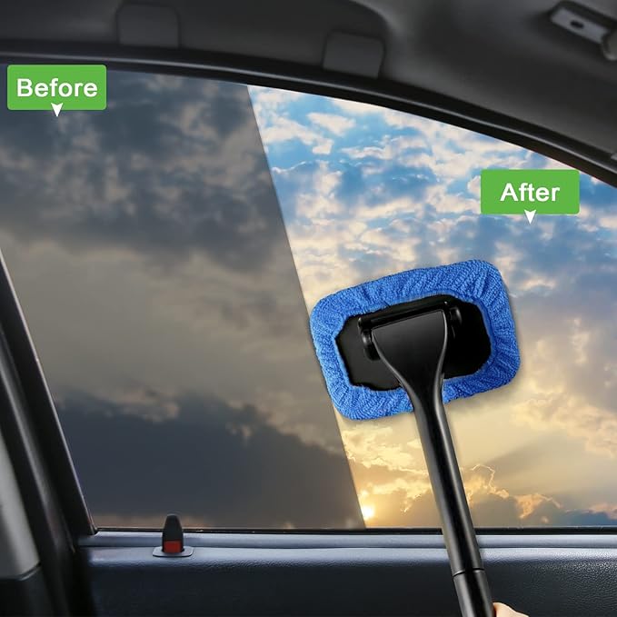 Frienda 2 Set Windshield Cleaner Tool Inside Car Windshield Cleaning Wand Auto Window Cleaner with Detachable Handle, 8 Reusable Microfiber Pads and 2 Spray Bottles for Car Interior(Blue, Green)