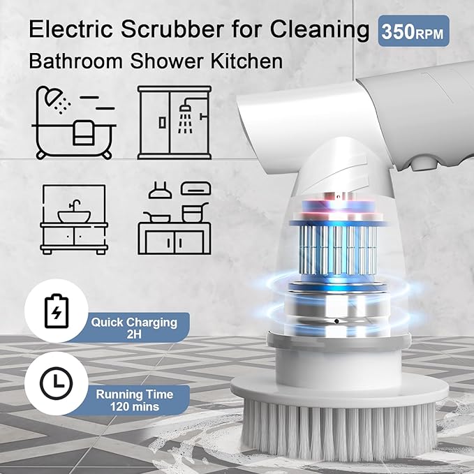 Electric Spin Scrubber, Bathroom Shower Electric Scrubber for Cleaning Tub/Tile/Floor/Sink/Window, Power Cleaning Brush Rechargeable Cordless with 4 Replaceable Cleaner Brush Heads