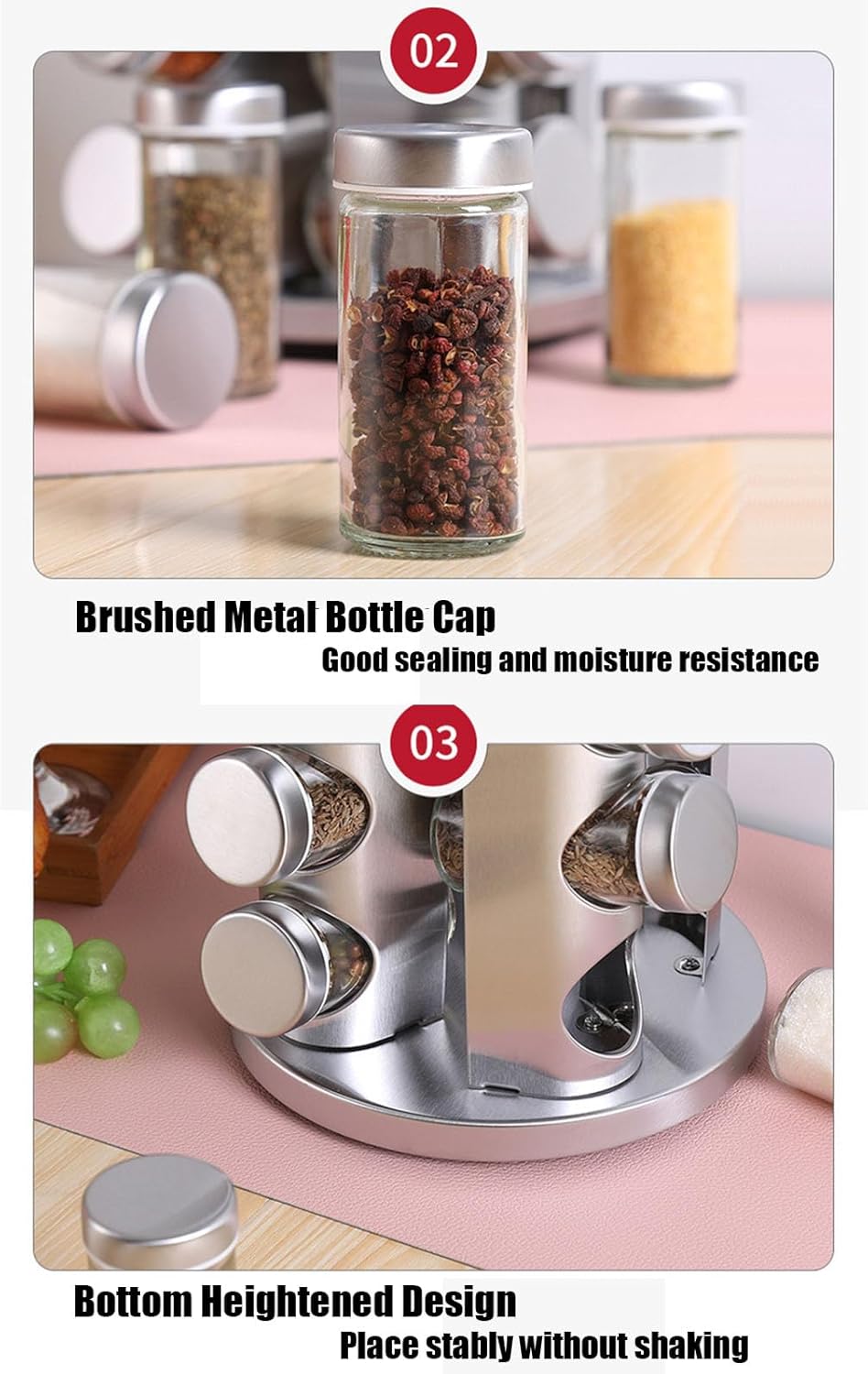 Spice Rack, Spice Rack Organizers for Countertop, Rotating Countertop Spice Rack, Revolving Spice Rack for Kitchen, Kitchen Gadgets, Organizer Rack with Spice Jars (Silver, RoundHead_12Jars)