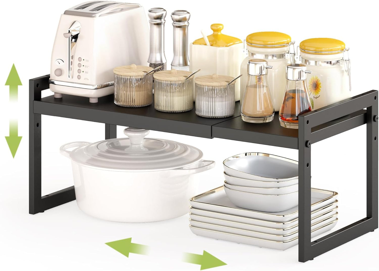 DOLALIKE Expandable kitchen Countertop Organizer, Stackable Cabinet Shelf Organizers, Space Saving Spice Rack Pantry Storage for Bathroom Office (Black, 1 Pack)