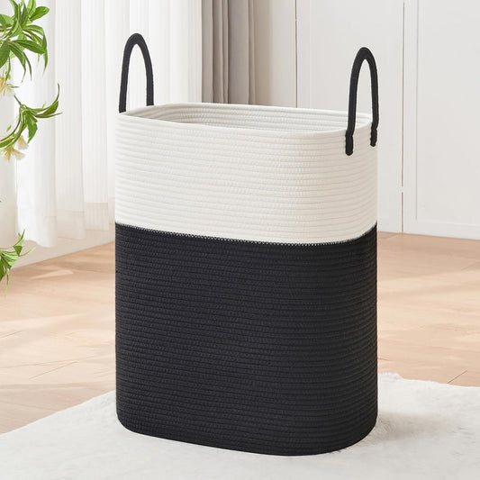 Laundry Basket with Handles - Blanket Basket & Hampers for Bedroom Aesthetic, Laundry Hamper & Blanket Storage for Living Room, Clothes Hamper, Tall, Large 17" x 14" x 25”, White & Black