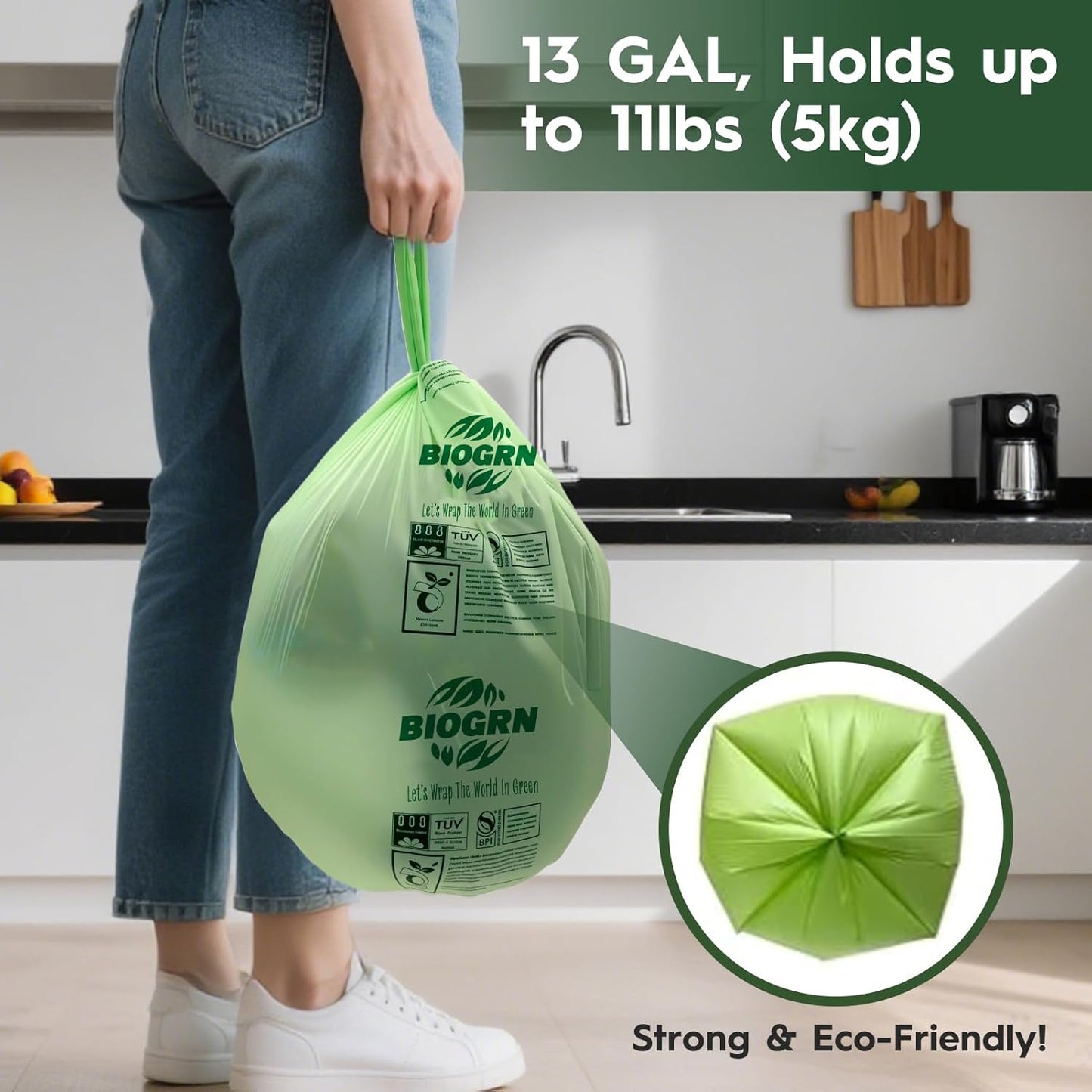 10-13 Gallon Compostable Trash Bags with Handles 30 Bags compost bags Food Scrap Green Waste Bags Thick 0.87 Mil 49.21 Liter ASTM D6400, US BPI and OK Compost Home Certified