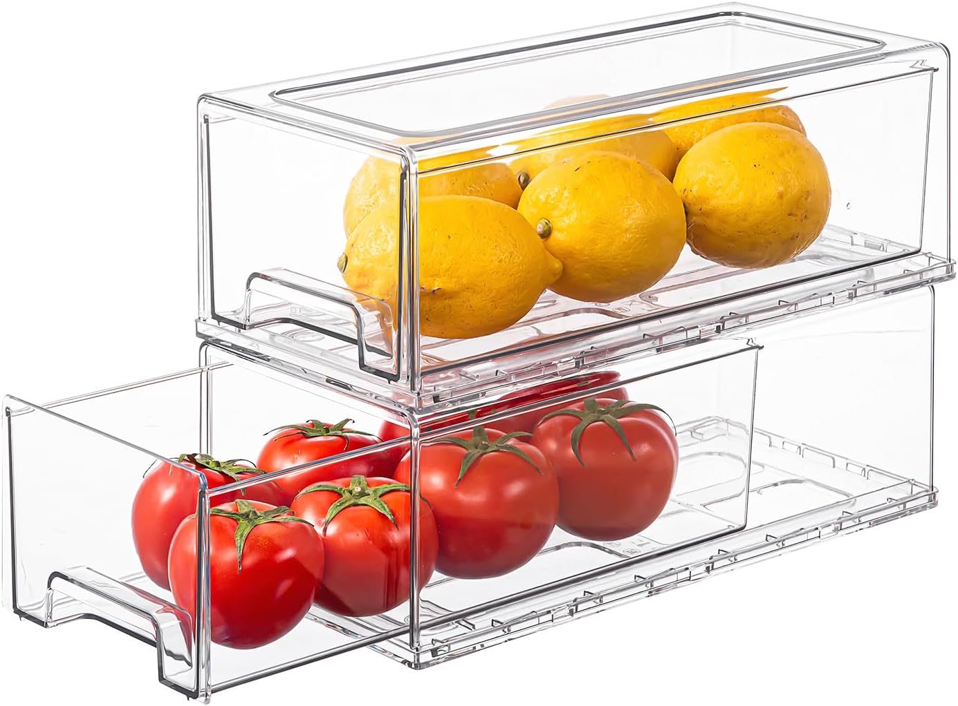 PeJeyiee 2 Pack Clear Stackable Refrigerator Organizers and Storage Drawers - Pull-Out Fridge Bins with Anti-Slip Base & Easy Clean, Plastic Organizers for Kitchen Pantry Cabinet Closet (Medium)