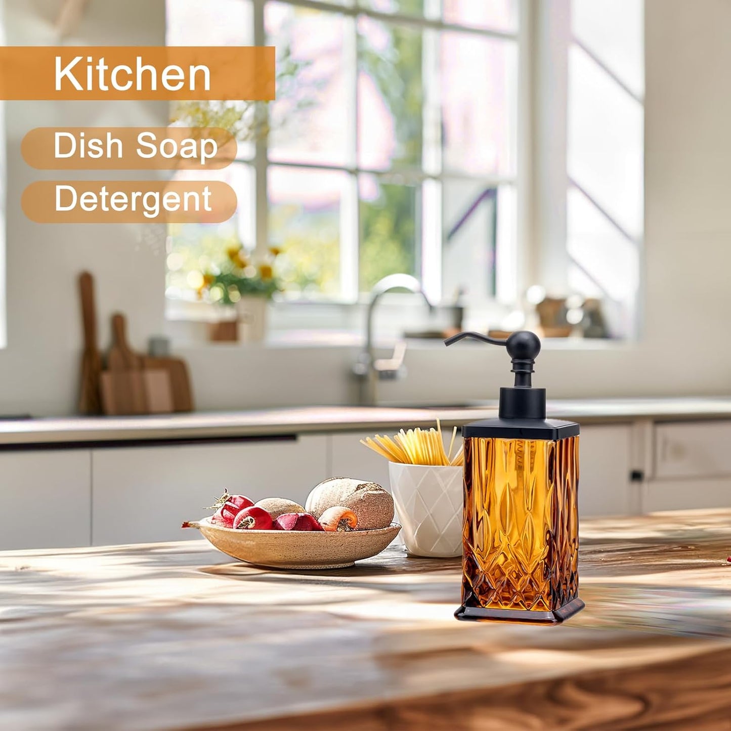 10Oz Amber Glass Soap Dispenser,Heavy Glass & Leak-Proof Rust-Resistant Pump for Kitchen Dish Soap, Bathroom Hand Wash,Vanity Essential Oil,Luxury Bath Decor(Square)