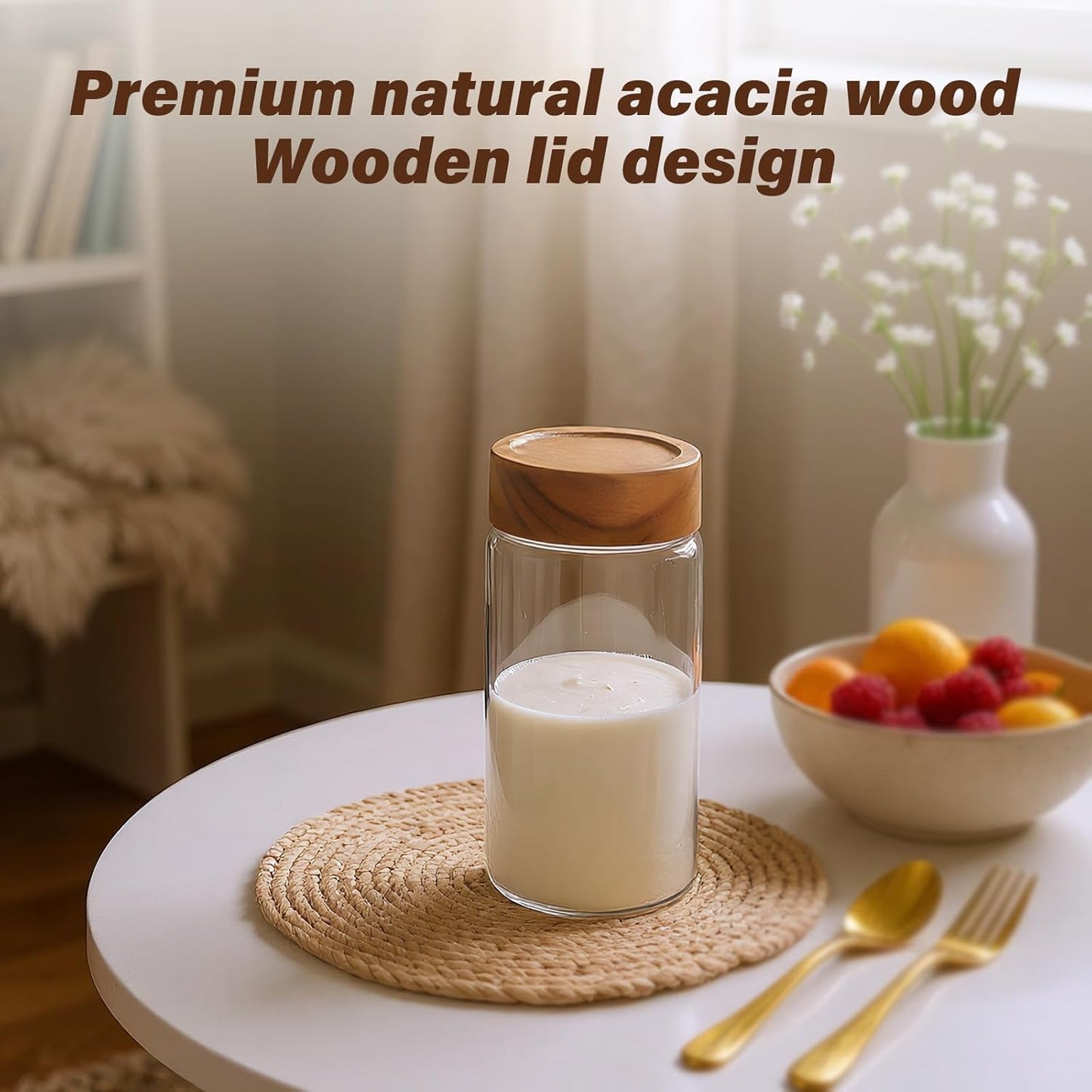 2-Pack 13 oz Glass Mason Jars with Acacia Wood Lids - Sealable, Leakproof, Clear & Stackable Food Storage Containers for Overnight Oats, Meal Prep, Flour, Sugar & Rice Storage