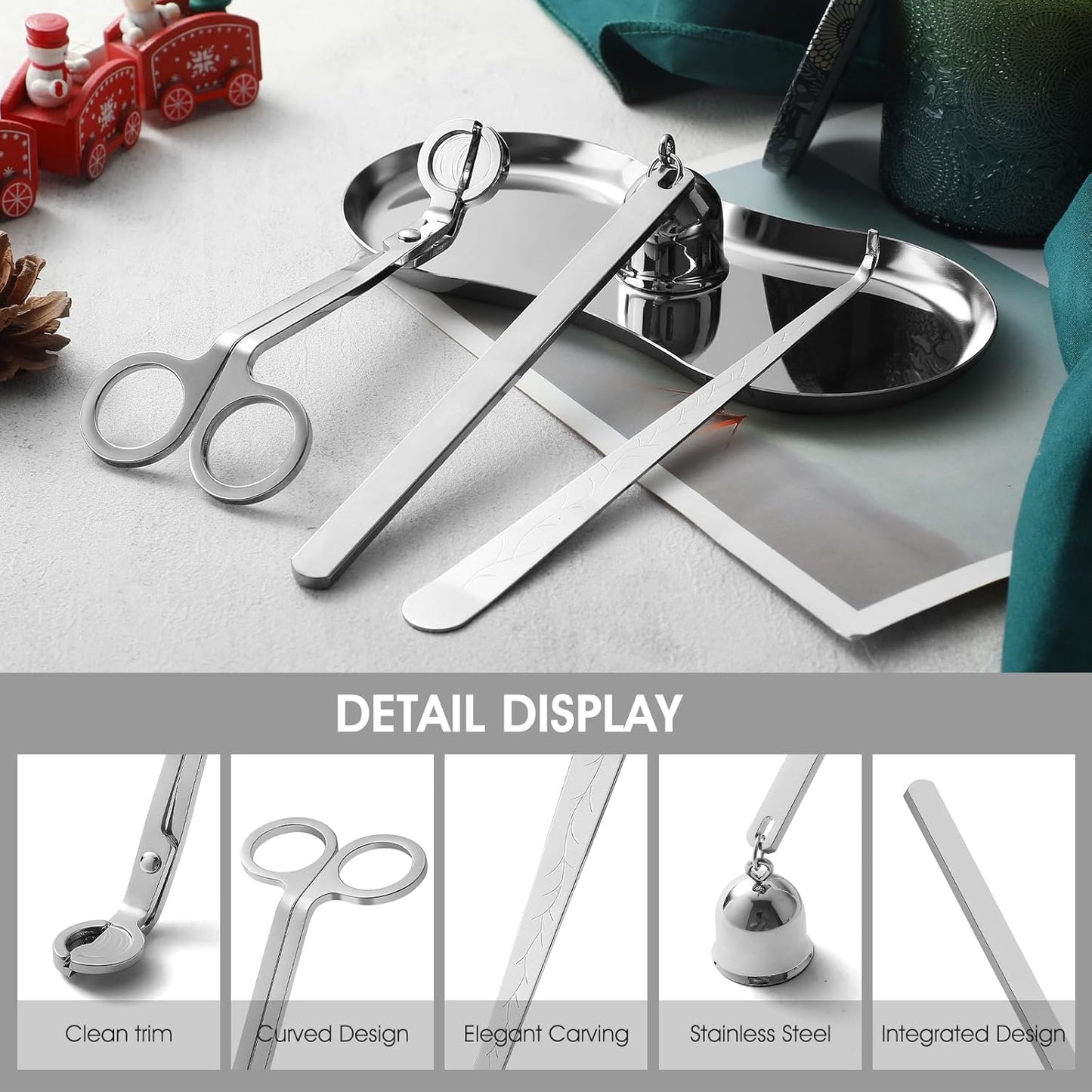 PATOISE 3 in 1 Candle Accessory Set, Candle Wick Trimmer Cutter, Candle Snuffer, Candle Wick Dipper Mini in Gift Package for Candle Aromatherapy Lovers(3PCS Silver)