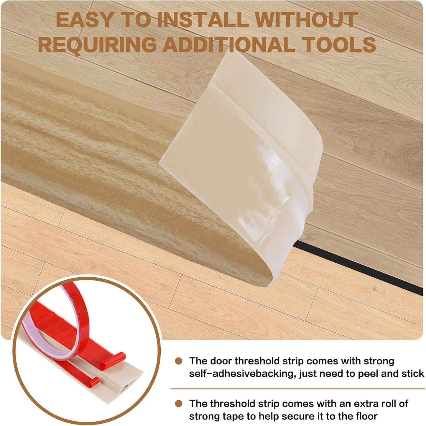 Floor Transition Strip Vinyl Door Threshold Ramp Self Adhesive Carpet Edging Strip Doorway Edge Trim, Overlap Edge Reducer for Laminate Carpet, Floor, Tile (Light Yellow Grain, 2/5" to 3/5", 6.6Ft)