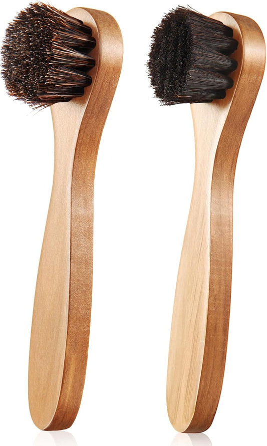 2 Pcs Horsehair Shine Shoes Brush Kit Polish Dauber Applicators Cleaning Leather Shoes Boots Care Brushes Suede Cleaner Brush(Wooden Long Handle)