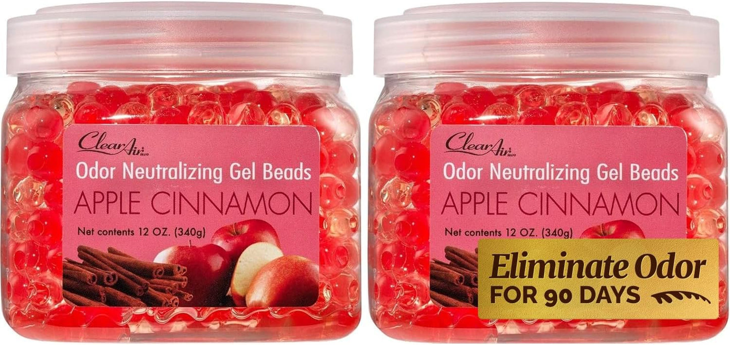 Clear Air Odor Eliminator Gel Beads - 12 oz, Pack of 2 - Air Freshener Made with Essential Oils - Eliminates Odors in Bathrooms, Cars, Boats, RVs & Pet Areas - Apple Cinnamon Scent