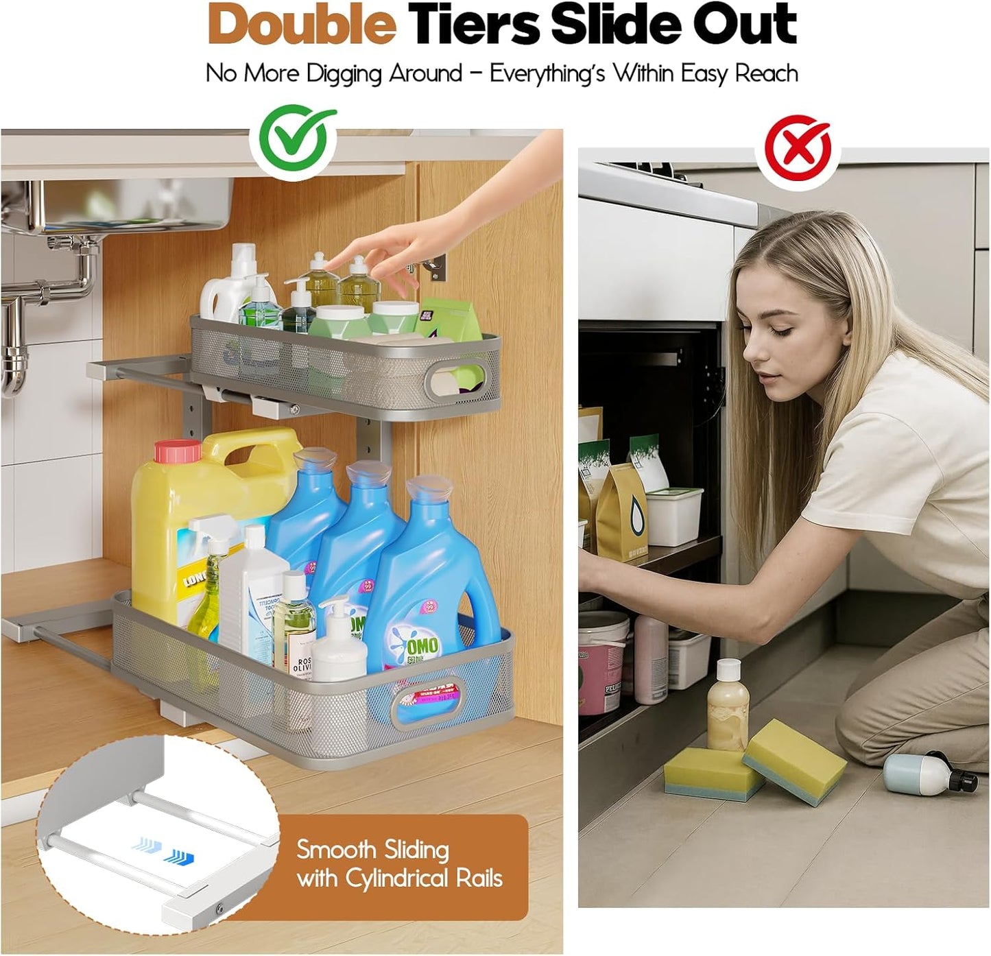 1 Pack 15.7IN-Depth Under Sink Organizer With Smooth Cylindrical Rail,2-Tier Pull Out Multi-Purpose Cabinet Storage for Bathroom&Kitchen,Height Adjustable,Rust-resistant Coating-Gun Gray