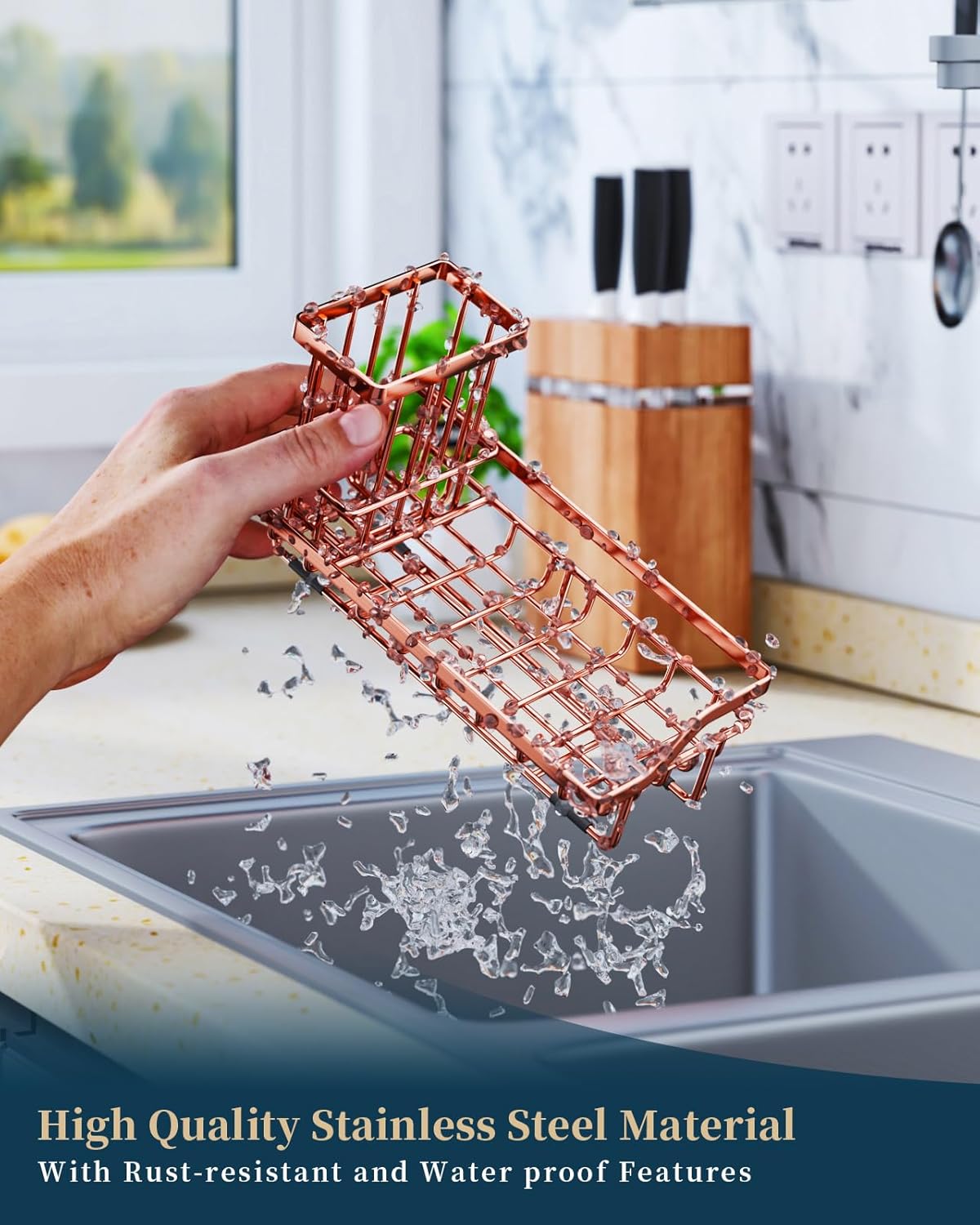 Consumest Sponge Holder for Kitchen Sink - Sink Caddy Kitchen Organizer with Removable Drip Tray for Countertop Dish Soap Dispenser Brush Storage Accessories 304 Stainless Steel, Rose Gold